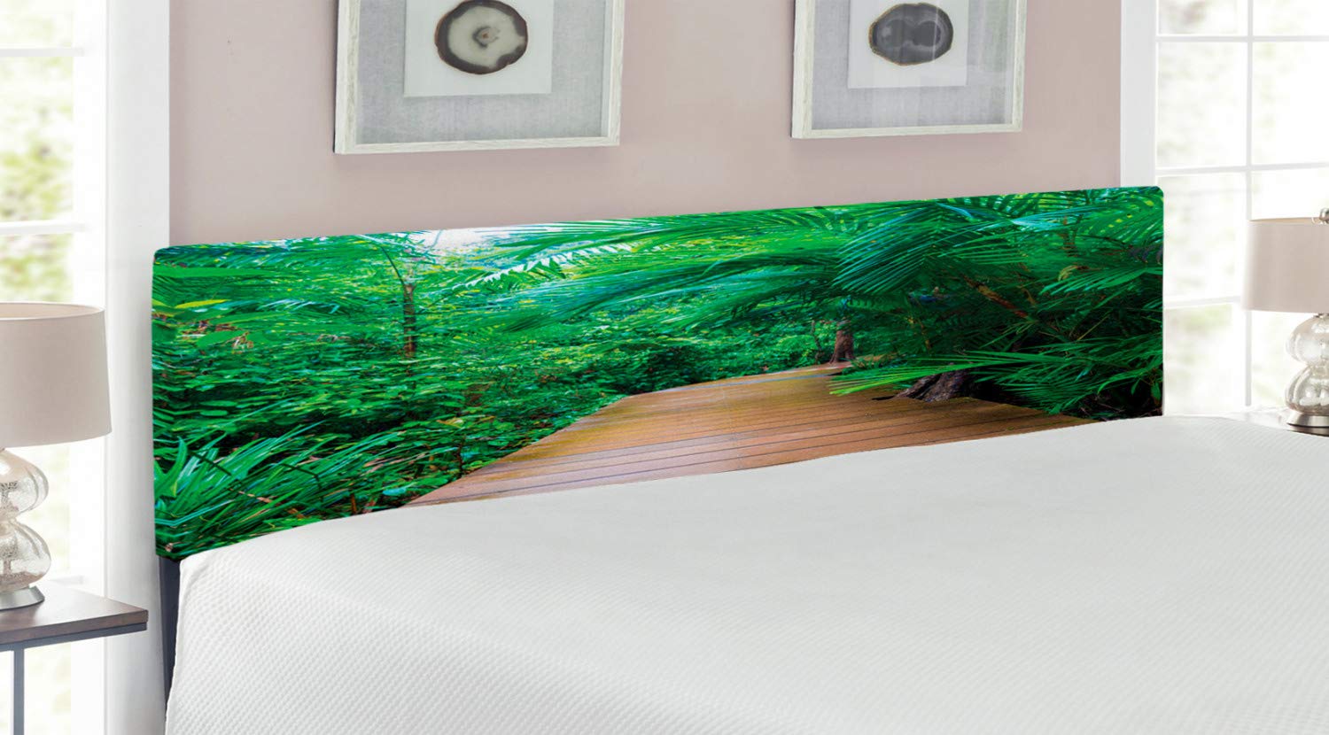 Ambesonne King Size Upholstered Metal Bed Headboard with Memory Foam - Tropical Jungle Rainforest Design in Pale Brown Green | Perfect for Bedroom Decor, Guest Rooms & Vacation Home Styling