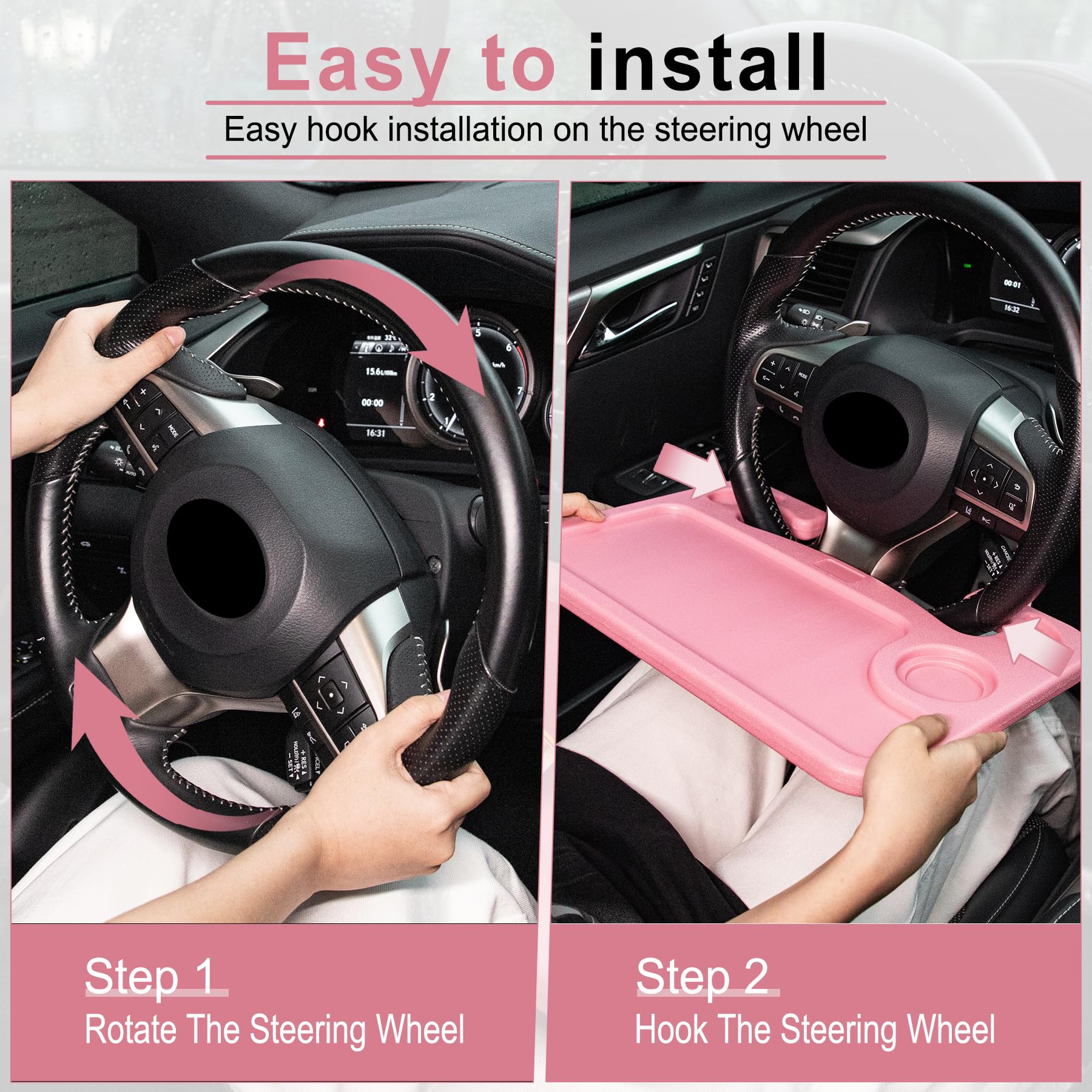 JUSTTOP Pink Car Steering Wheel Desk Tray - Portable Travel Car Accessory, Multipurpose Stand for Eating, Working & Laptop Use - Perfect for Road Trips & Commuting