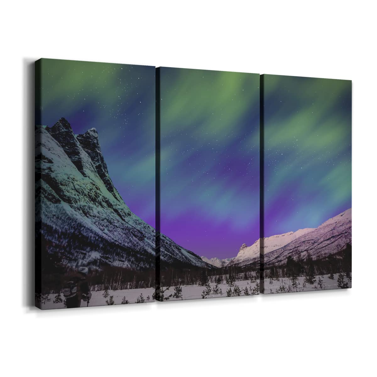 Northern Lights Wall Art - Norway Aurora Borealis Landscape Canvas Prints Set of 3 (16x32 inches) - Nature Scenery Mountain Wall Decor for Living Room, Bedroom & Office - Perfect for Home, Office & Gift Giving