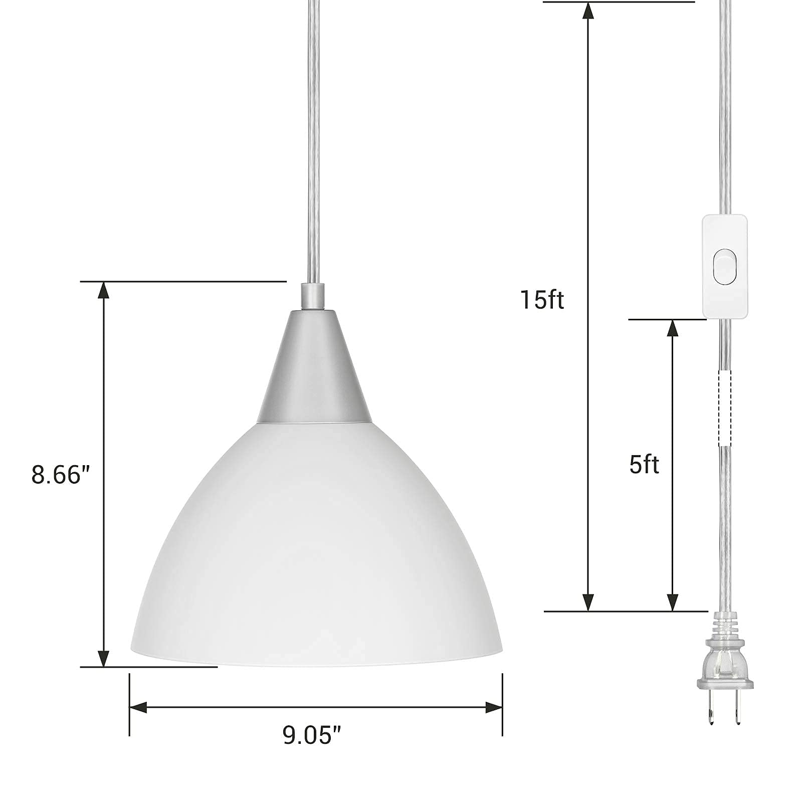DEWENWILS Plug-in Pendant Light with 15Ft Clear Cord & On/Off Switch - 2 Pack Frosted White Plastic Shade Hanging Ceiling Light for Living Room, Bedroom, Dining Room - Perfect for Modern Home Decor & Cozy Ambiance