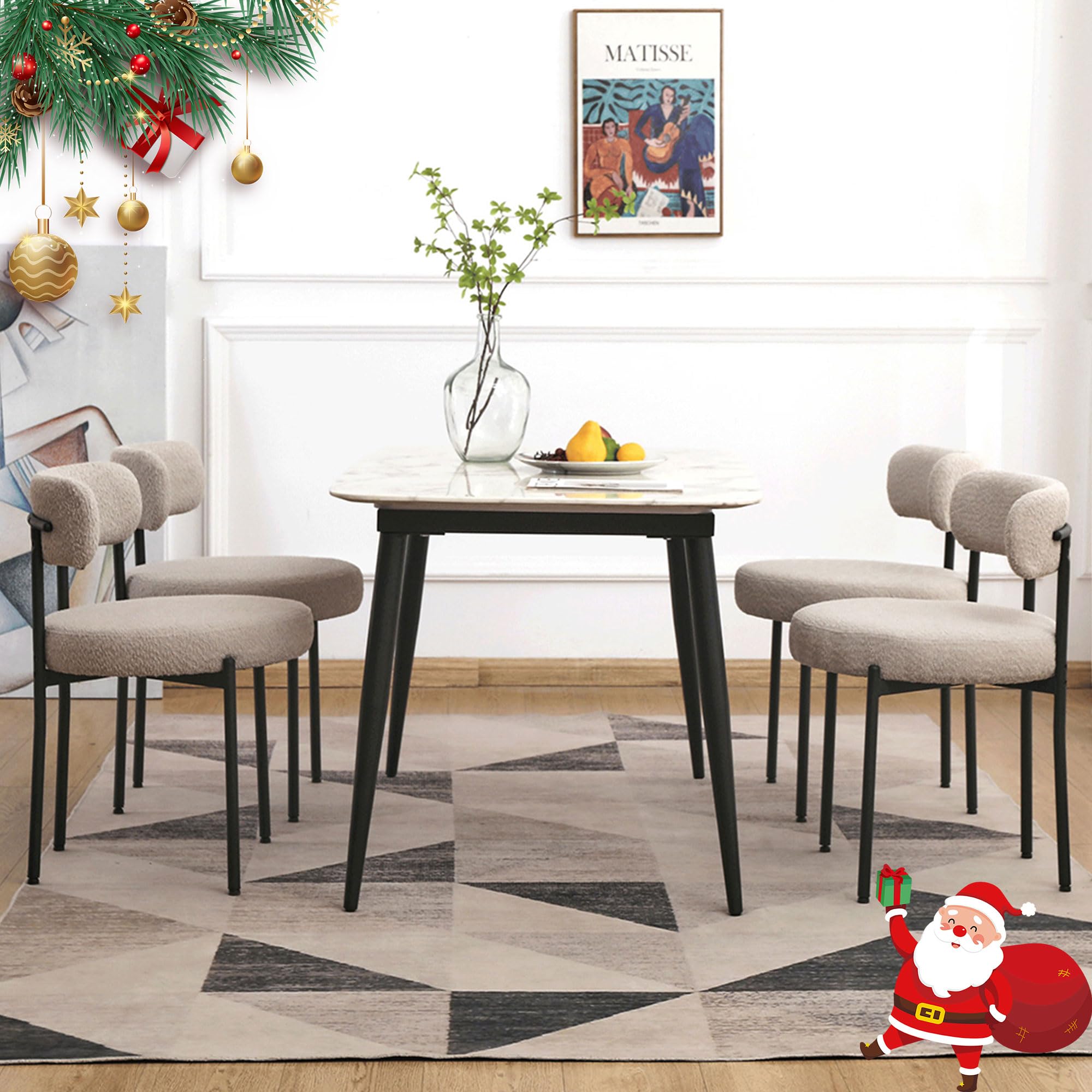 EDWELL Boucle Dining Chairs Set of 4 - Modern Upholstered Kitchen Chairs with Thick Cushions & Black Metal Legs - Grey Round Accent Chairs for Dining Room, Kitchen, Living Room - Perfect for Home Decor & Entertaining Guests