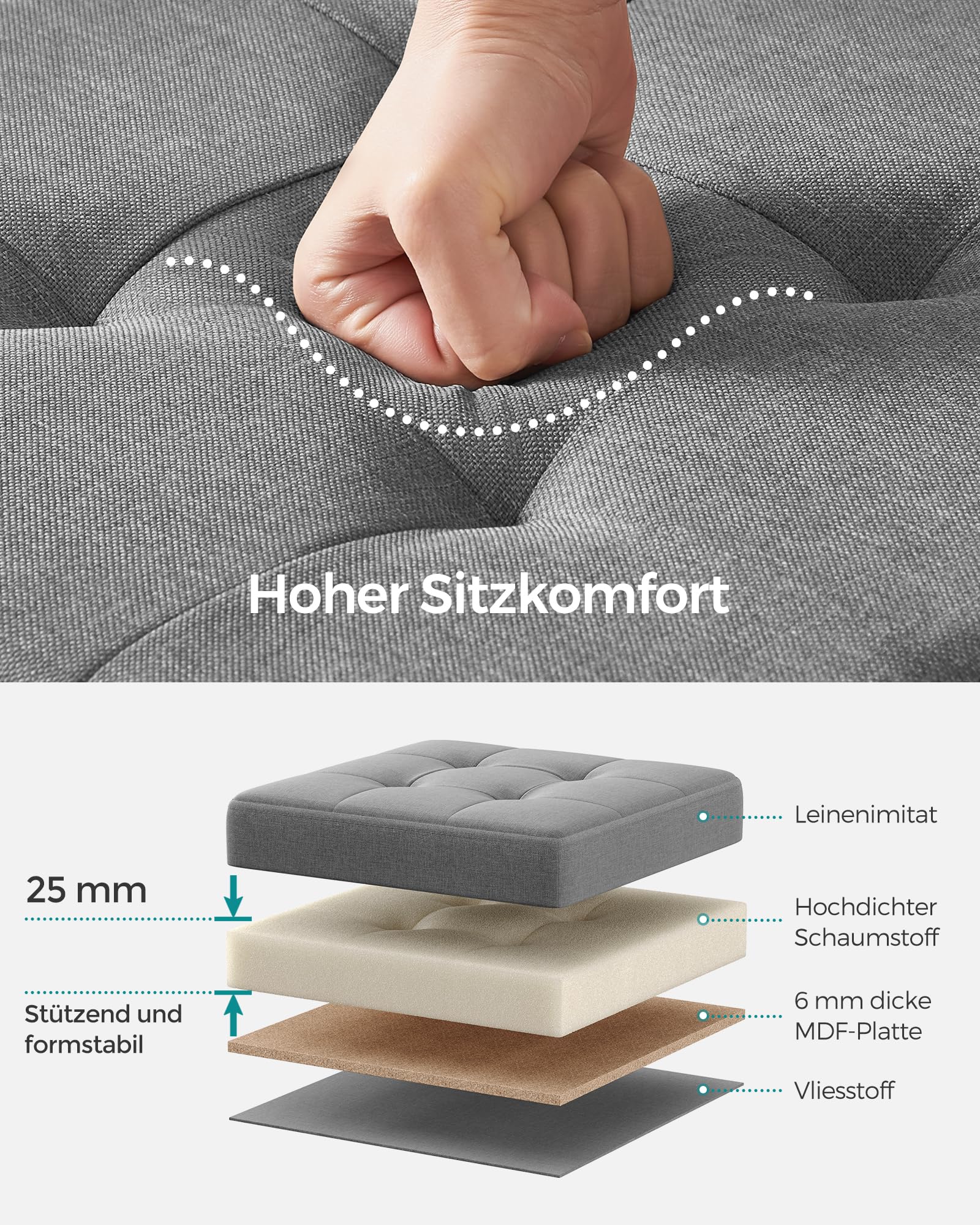 SONGMICS 38cm Foldable Storage Ottoman Bench with Hidden Compartment, Multi-Purpose Footrest Stool, Ash Gray LSF027G12 - Perfect for Living Room, Bedroom & Entryway Organization