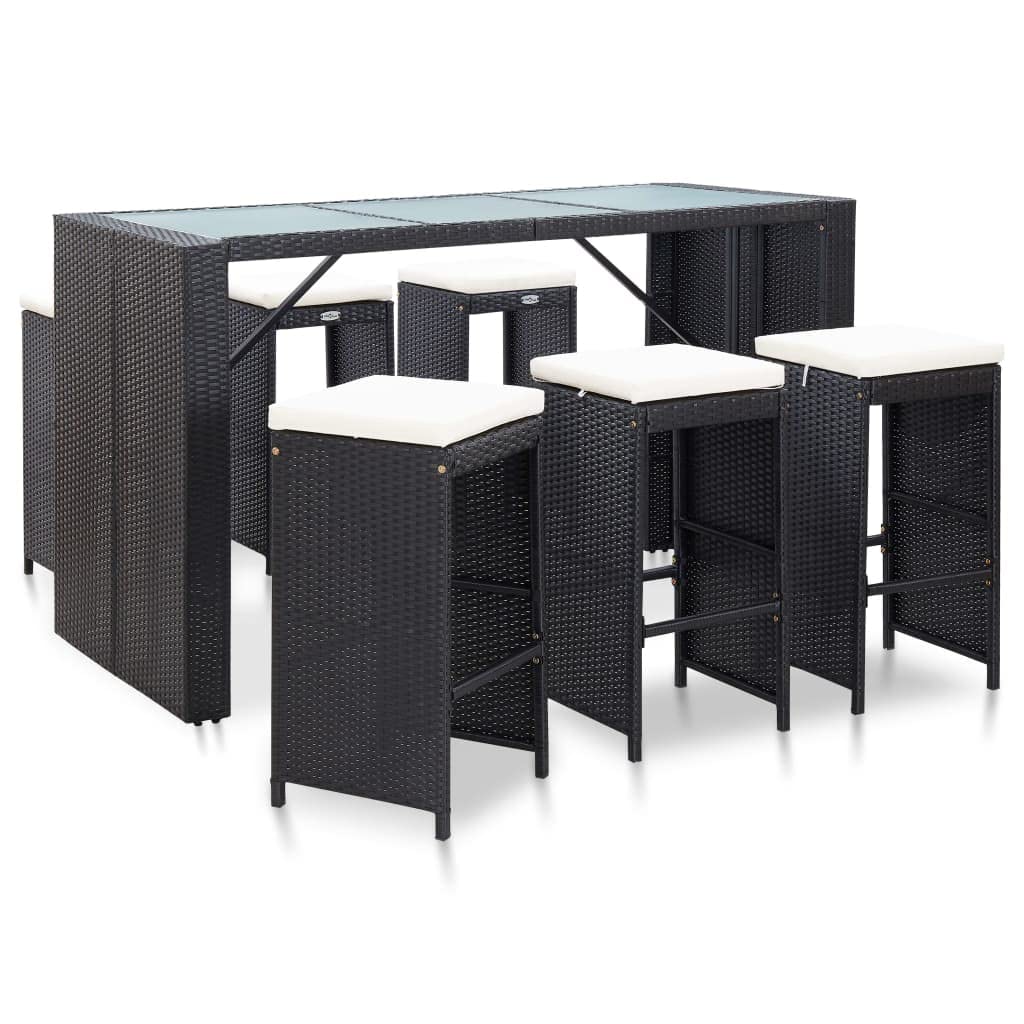 vidaXL 7-Piece Patio Bar Set with Glass Tabletop & Cushions - Black Poly Rattan Outdoor Bar Table & Conversation Set for Backyard, Poolside & Garden Relaxation