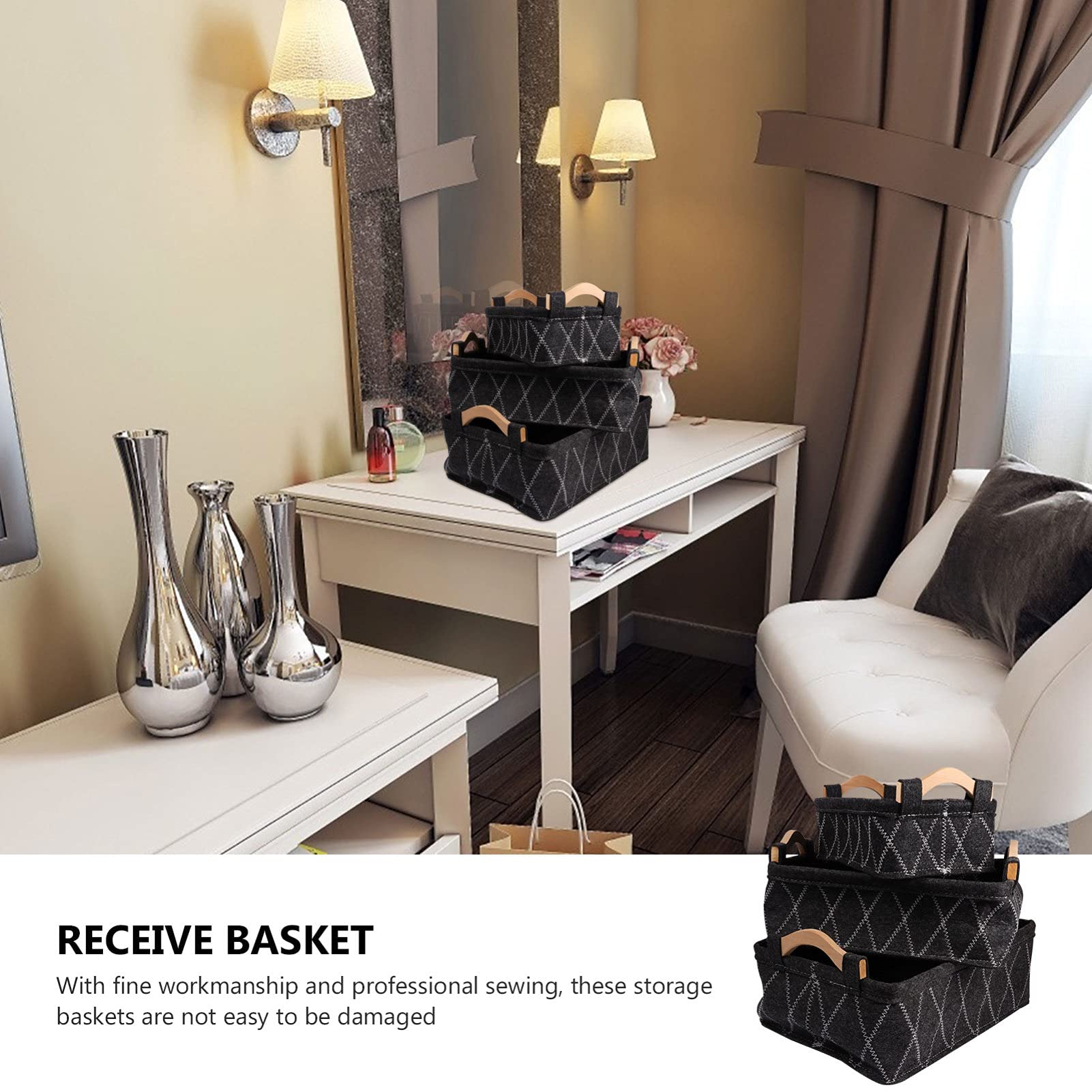 Foldable 3-Piece Felt Storage Baskets with Handles - Cosmetic Organizer, Desk & Drawer Organizer, Pet Toy Storage Bin | Perfect for Makeup Vanity, Office Supplies & Home Organization