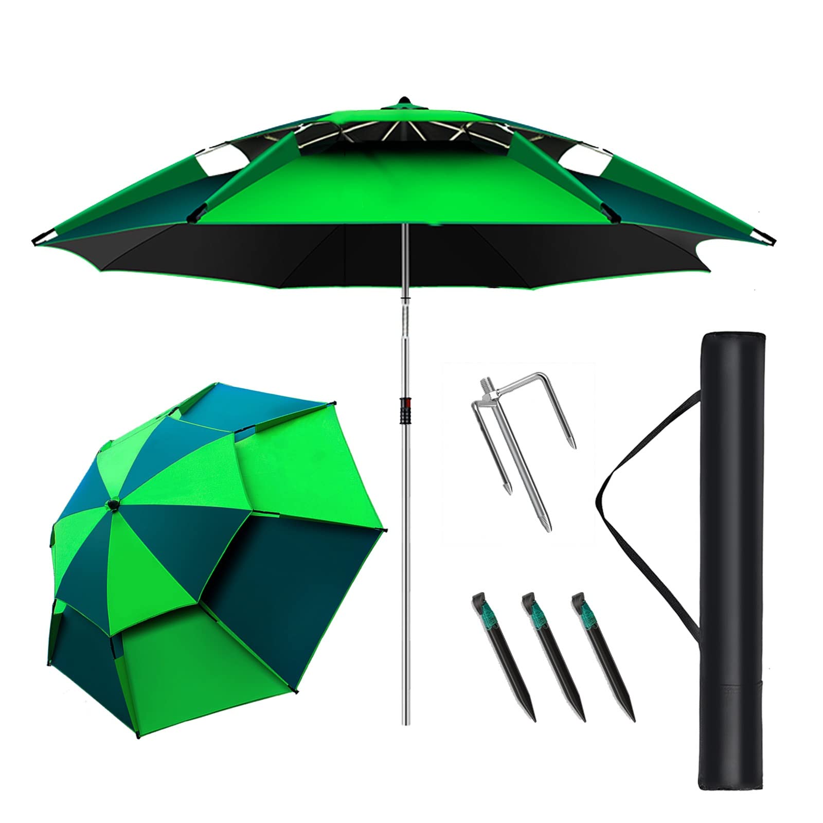 JTGPFC 6.5ft-8.5ft Tilt Adjustable Beach Umbrella - UV Protection Sun Shade Canopy for Outdoor, Garden, Patio, Pool & Fishing - Waterproof & Wind Resistant - Dark Green/Green Options