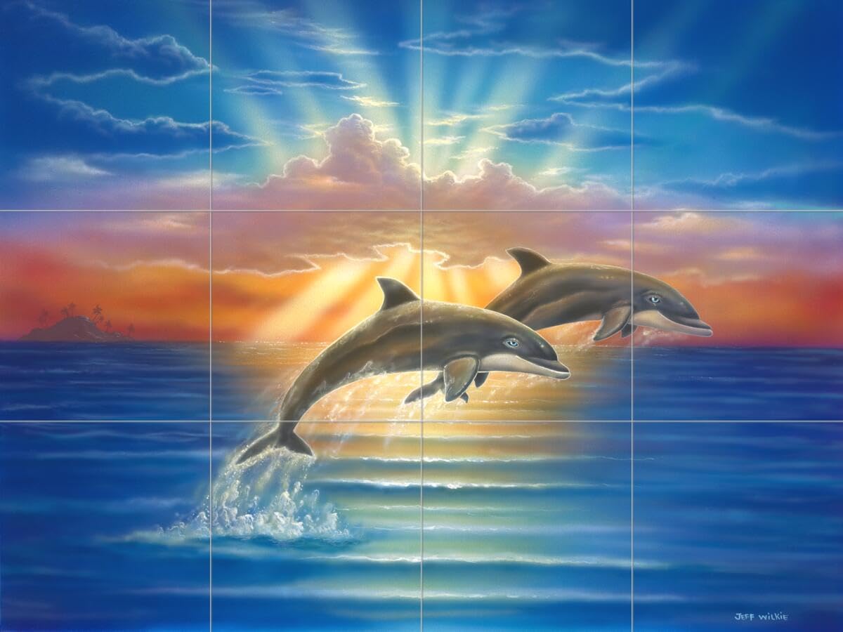Ceramic Backsplash Tile Mural - Dolphin Whale Underwater Ocean Fish Design for Kitchen, Bathroom & Shower - Sunrise Tranquility by Jeff Wilkie - Perfect for Coastal, Nautical & Beach-Themed Home Decor