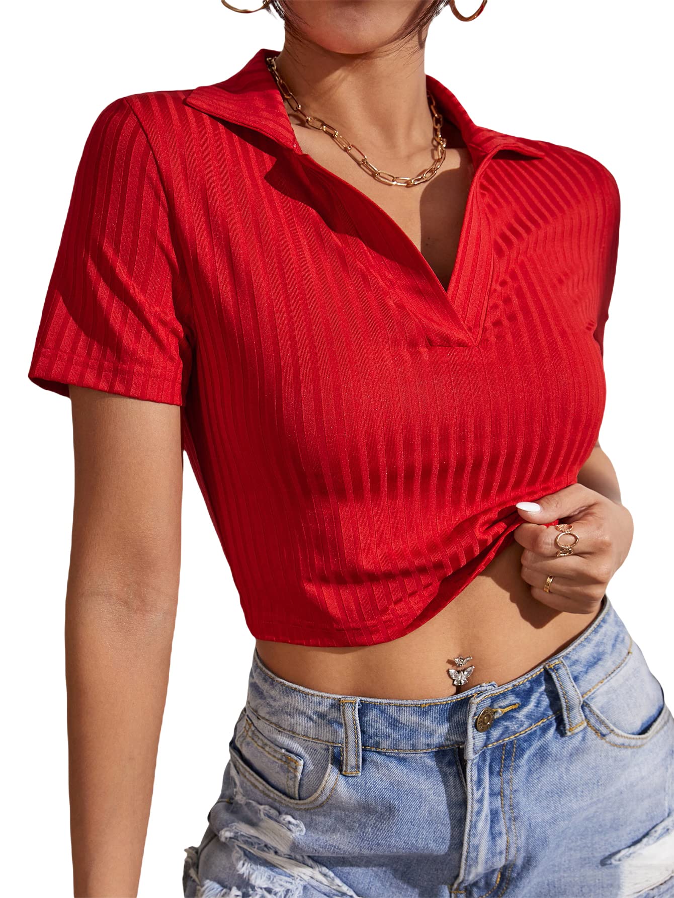 SOLY HUX Women's Summer Crop Tops - Casual Short Sleeve V-Neck T-Shirts for Women | Breathable & Comfortable Solid Color Tees for Beach, Gym & Everyday Wear