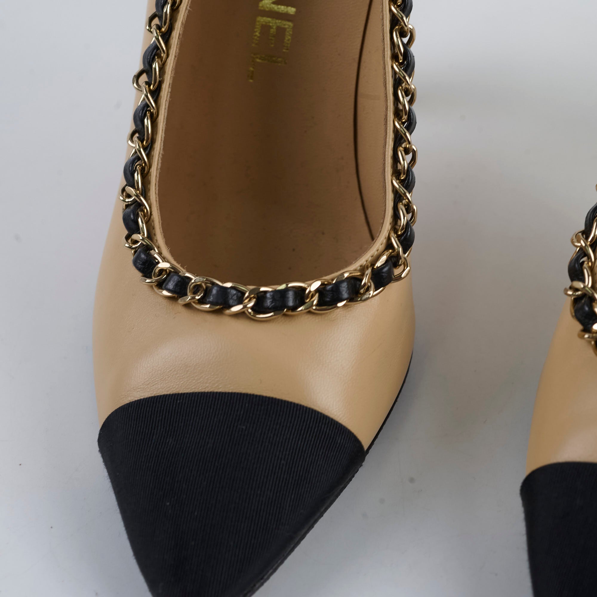 Chanel Beige Chain Cap Toe Pumps Women's Size 35.5 - Elegant Heels for Office, Party & Special Occasions