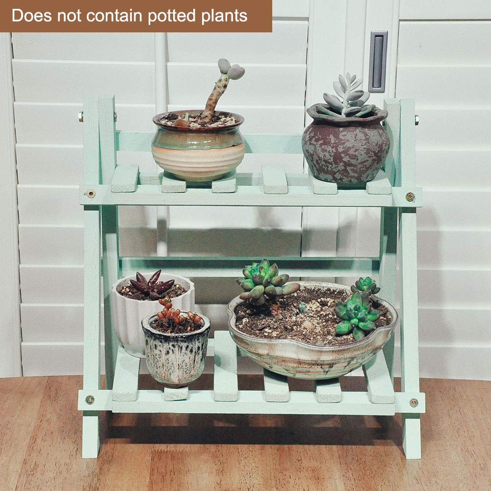 2-Tier Wooden Plant Stand - Foldable Free Standing Flower Pot Shelf Organizer for Balcony, Garden, Patio | Perfect for Indoor Herb Garden & Outdoor Plant Display (Green)