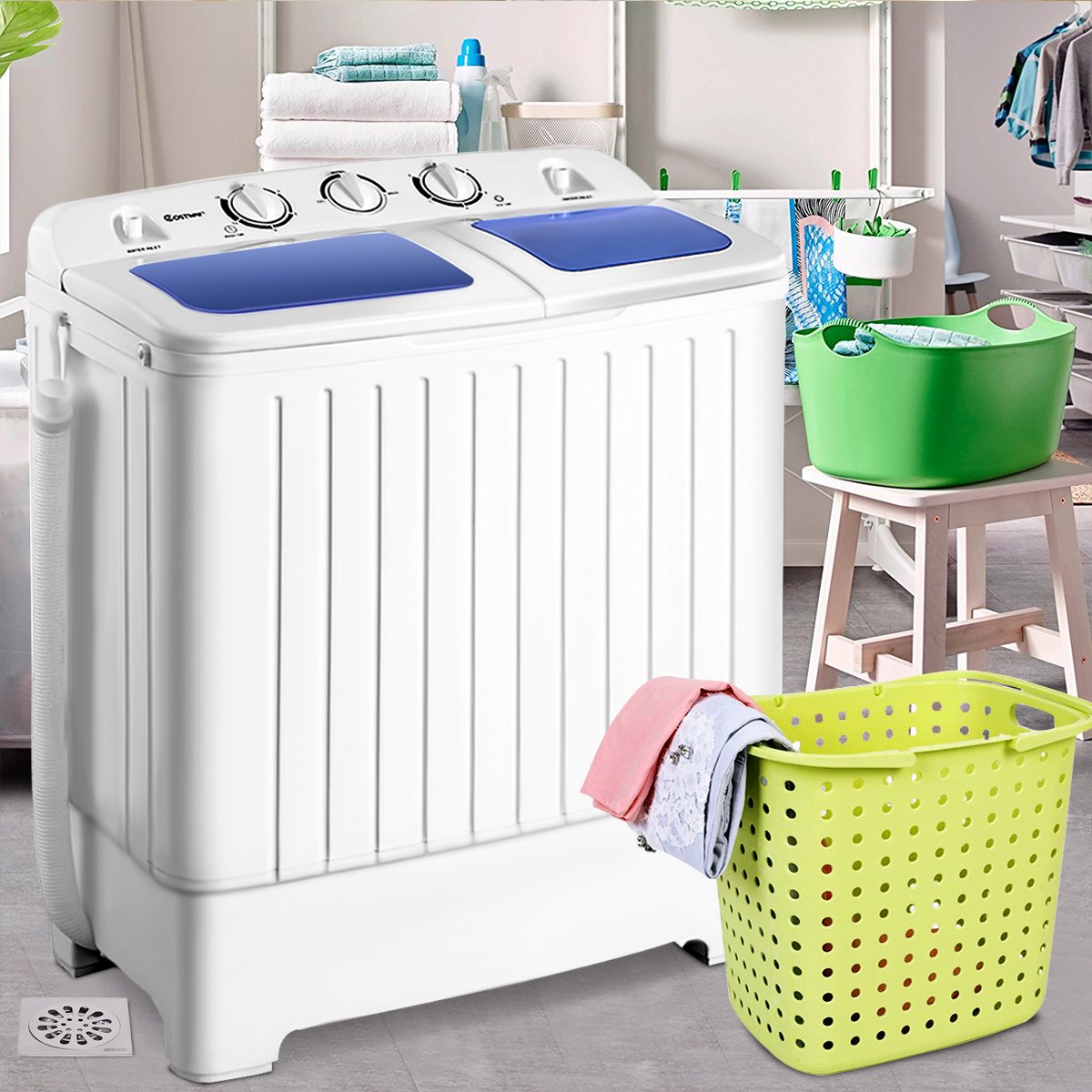 Portable Mini Compact Twin Tub Washing Machine 17.6lbs Capacity - Lightweight Laundry Washer with Spin Dryer, Blue & White - Perfect for Apartments, RVs, Camping & Small Spaces