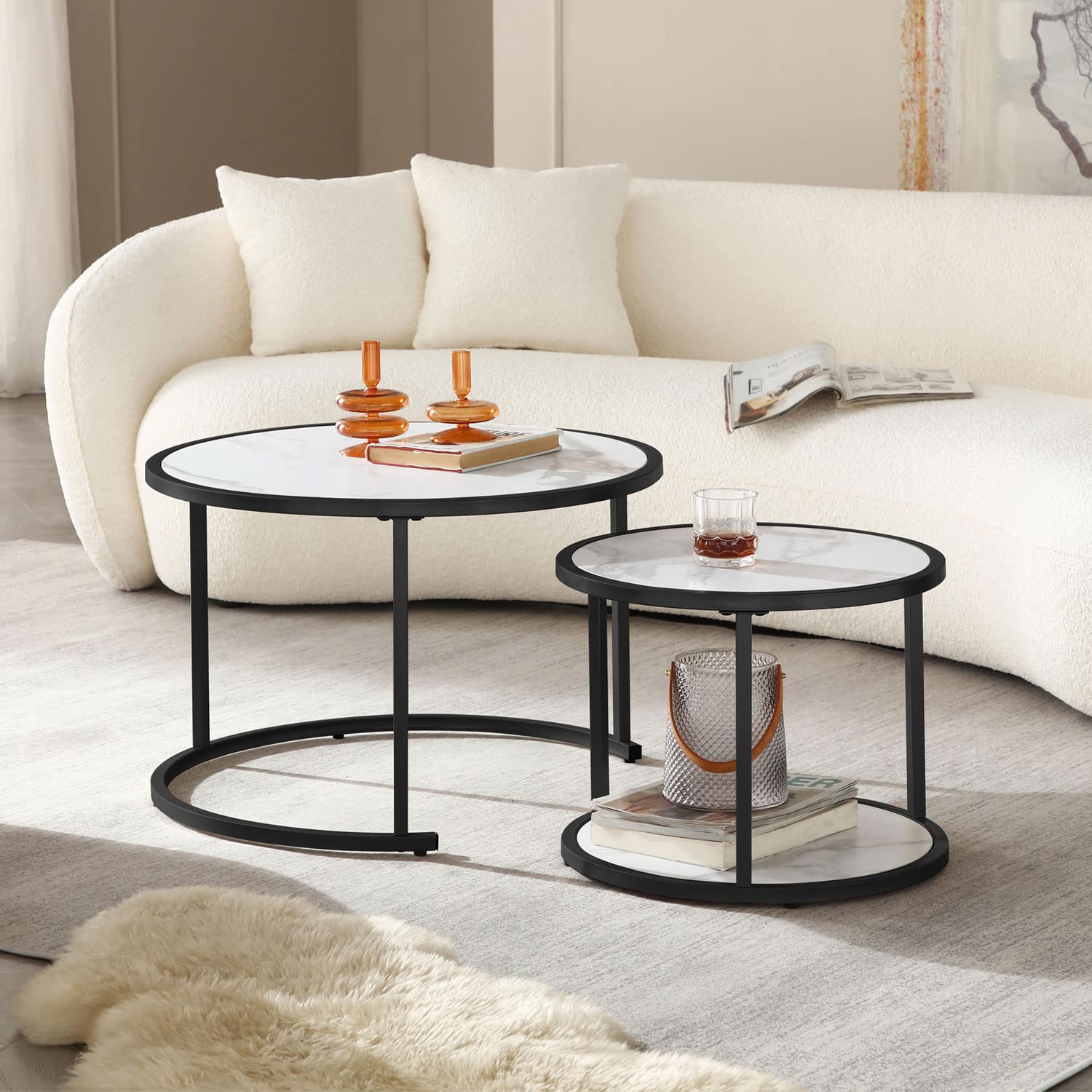 Nesting Coffee Table Set of 2 - Modern Marble Pattern MDF Top with Sturdy Metal Frame, Side End Tables for Living Room, Bedroom, or Office - Black | Perfect for Small Spaces, Home Decor & Entertaining Guests