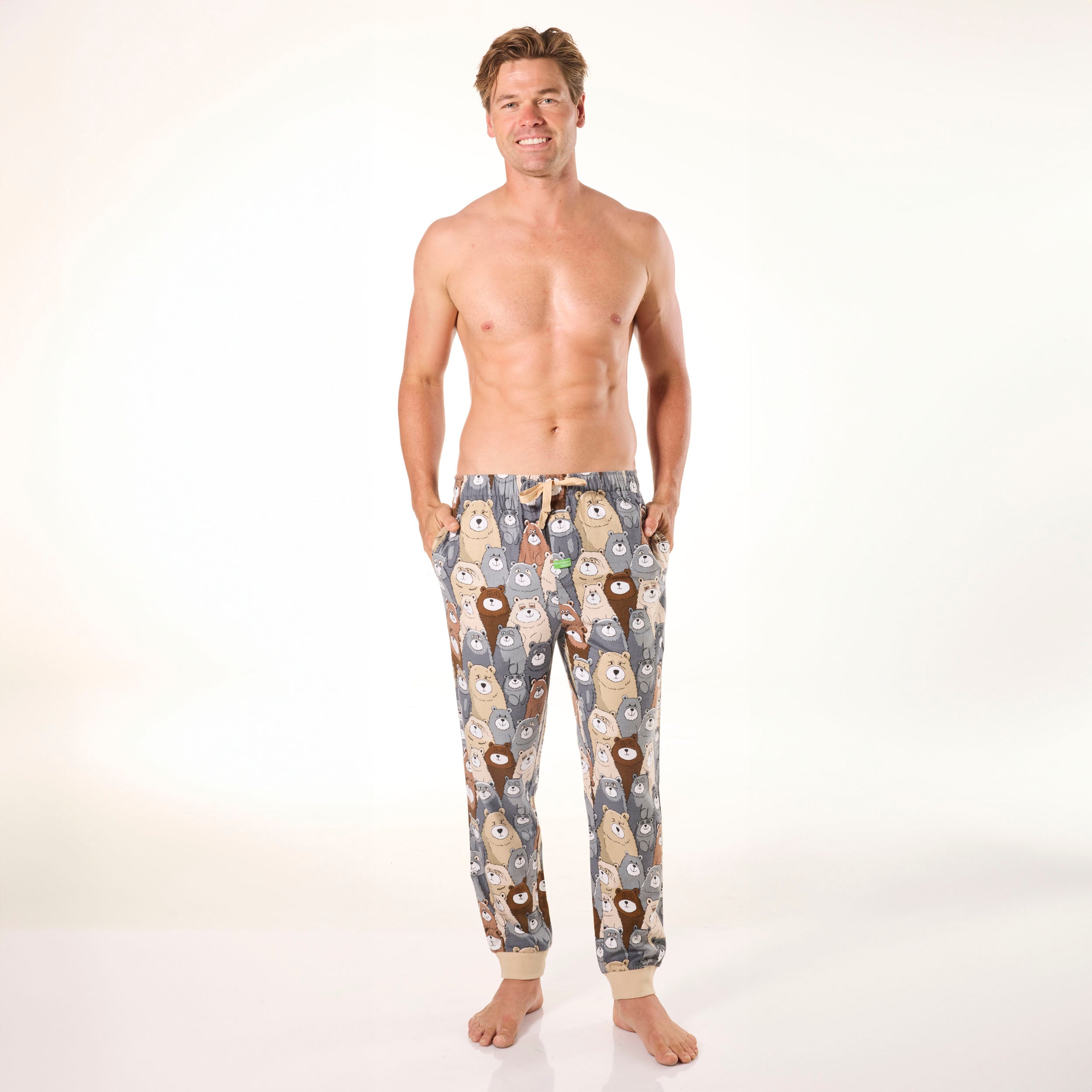 Men's Funny Bear Print Bamboo Flannel Slim-Fit Sleep Pants - Beige | Soft & Breathable Lounge Pajamas for Relaxing at Home