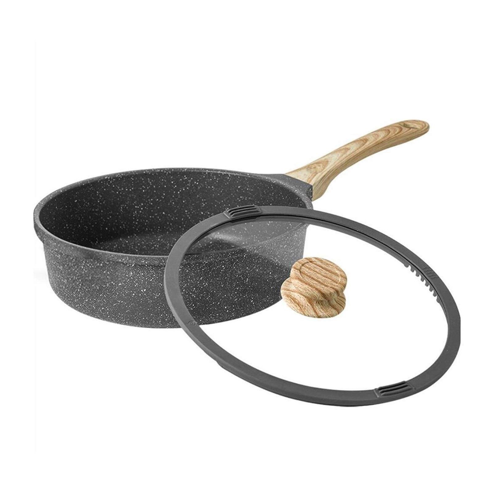 Non-Stick Stone Soup Pot with Lid - High Capacity Frying Pan & Sauce Pot with Wooden Handle - Perfect for Kitchen Cooking, Stewing, and Serving Soups