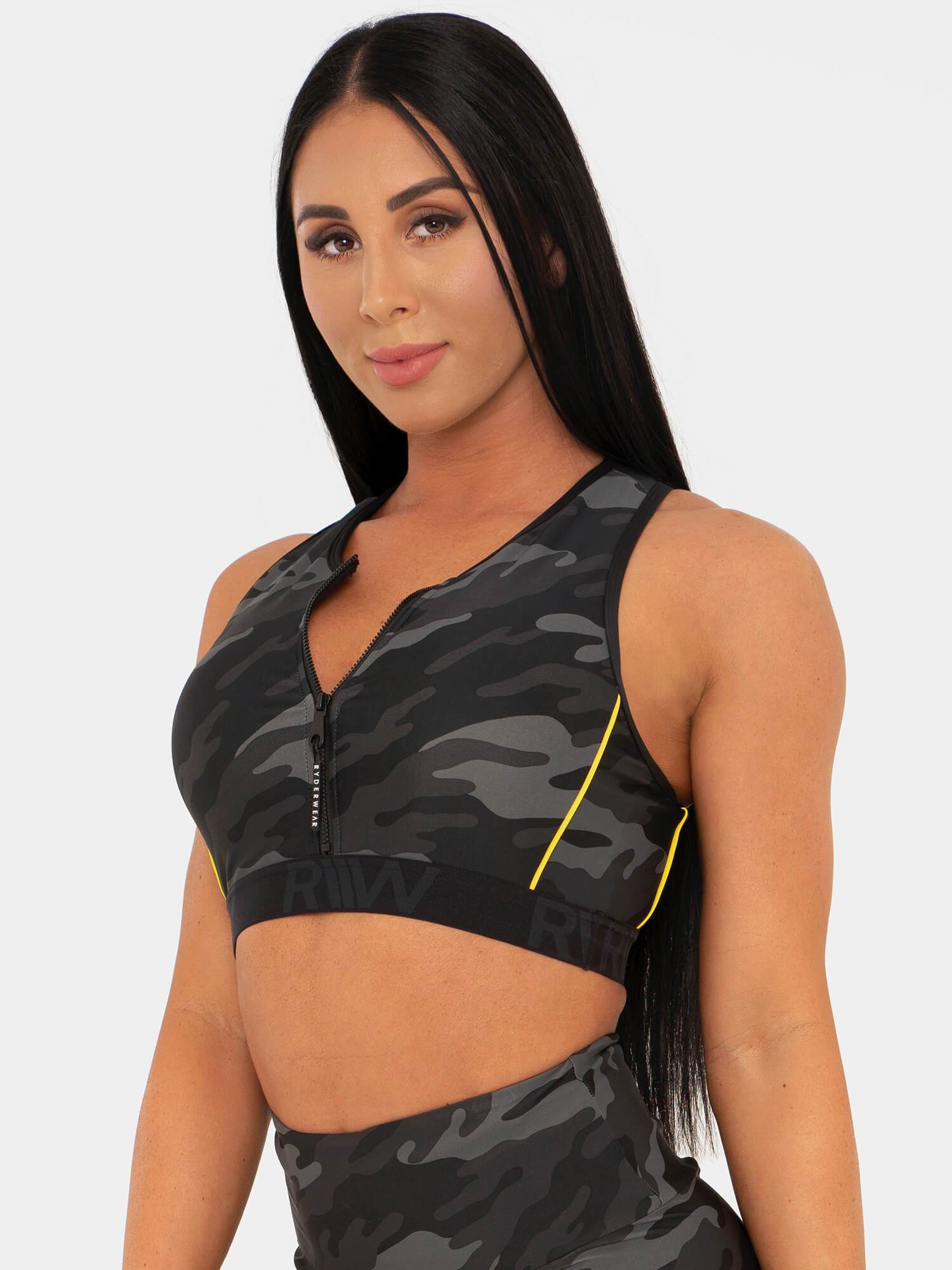 BFCAMO Zip Up Sports Bra for Women - Camouflage Workout Top for Running, Yoga & Gym - Moisture Wicking & Supportive Athletic Shirt