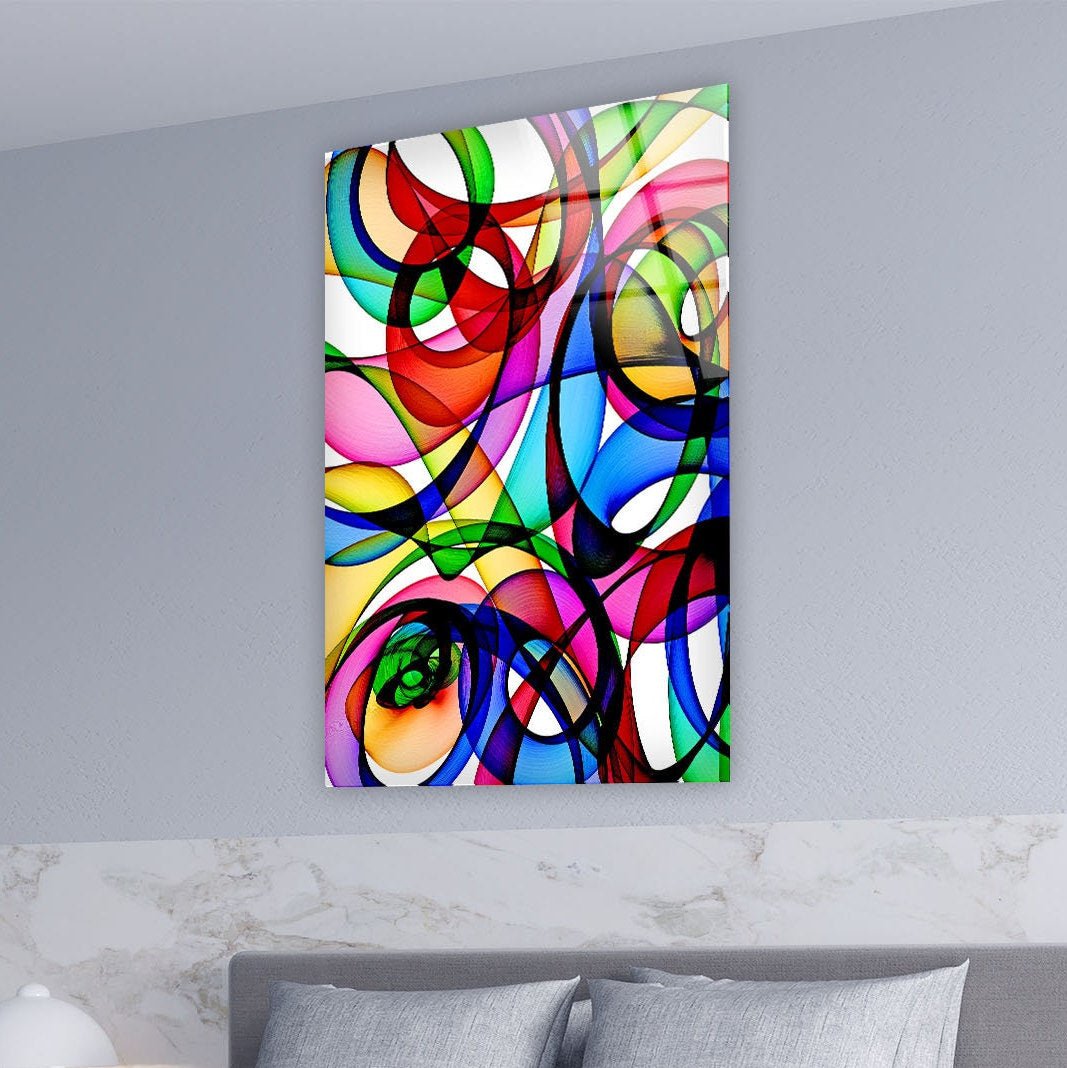 Abstract Circles Glass Wall Art - Modern Geometric Home Decor for Living Room, Bedroom & Office - Handmade Glass Wall Hangings for Stylish Interior Design