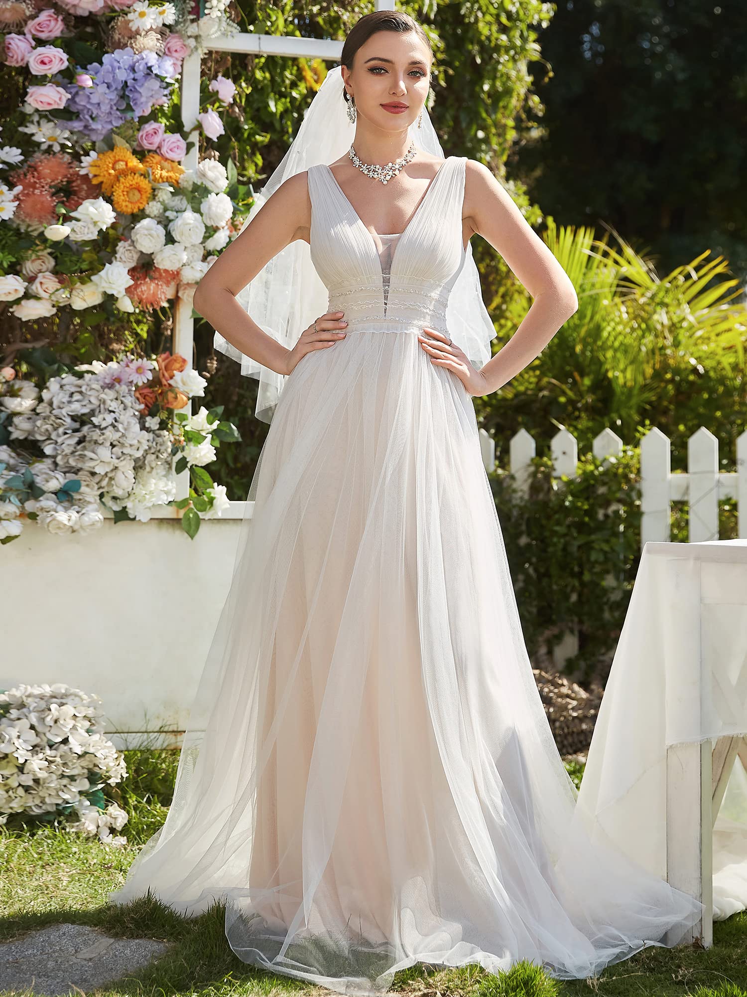 Ever-Pretty Elegant V-Neck Sleeveless Tulle Ruched A-Line Wedding Dress for Bride 0096A - Perfect for Beach Weddings, Garden Ceremonies & Casual Bridal Events