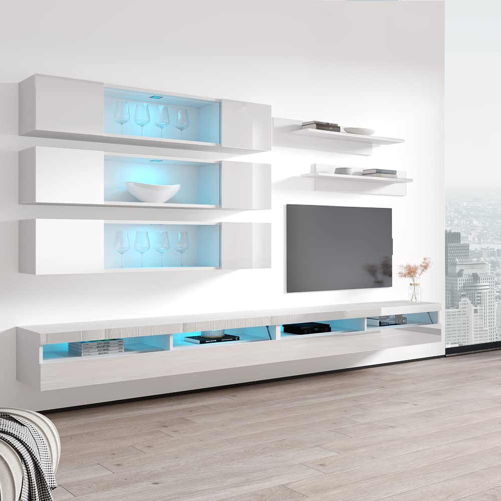 Modern White Wall-Mounted TV Stand with Storage Shelves & LED Lights - Floating Entertainment Center Console for Living Room & Bedroom - Space-Saving Furniture for Small Apartments & Home Theater Setup - Meble Fly J3 35TV Stand