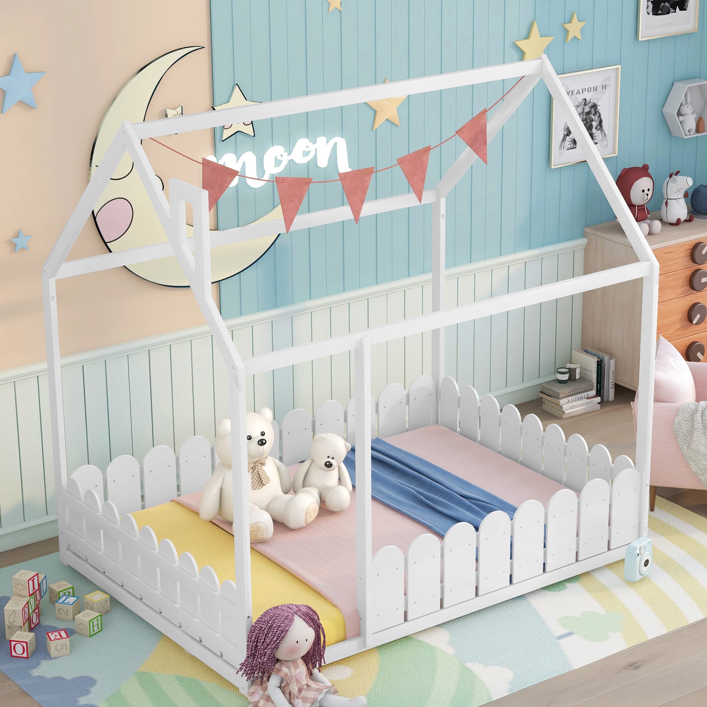 Montessori Full Size Bed Frame with Safety Fence - White Wooden Playhouse Cottage Bed for Toddlers, Kids & Teens - Requires Box Spring - Perfect for Nursery, Bedroom or Playroom Decor