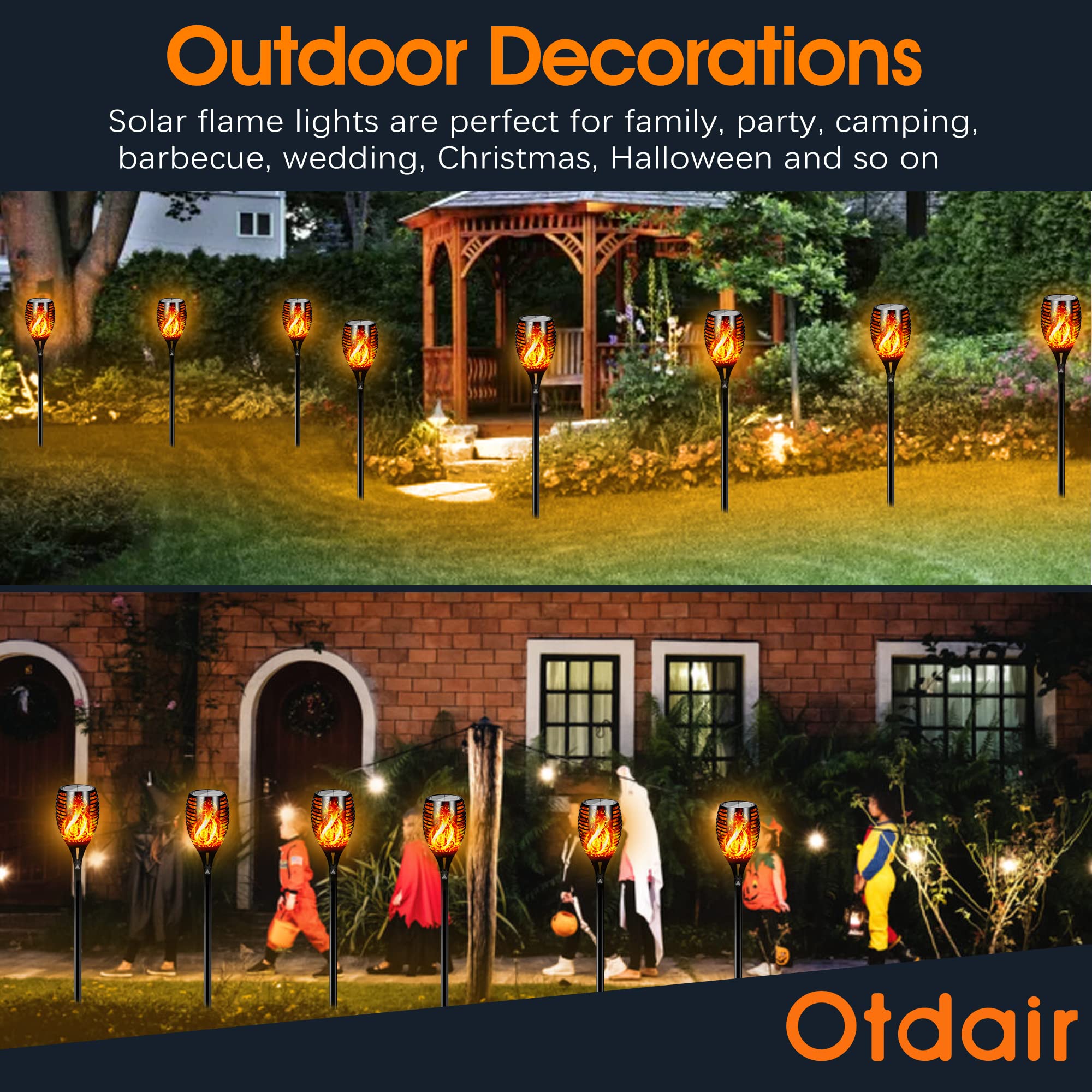 Otdair Solar Torch Lights with Flickering Flame - 96LED (6 Pack) & 12LED (12 Pack) Waterproof Outdoor Tiki Torch Lights - IP65 Weatherproof, Auto On/Off - Perfect for Garden, Patio, Yard, Pathway, Poolside & Camping Decor