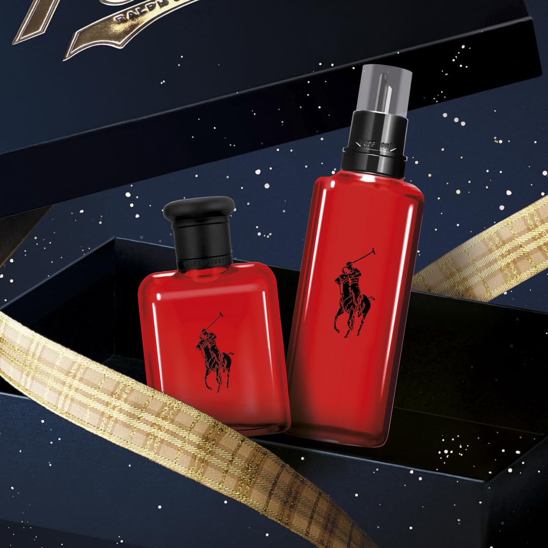 RALPH LAUREN Polo Red Eau de Toilette for Men - Refillable Cologne Set with Woody Spicy Scent (Grapefruit, Saffron, Redwood) - 2.5 oz & 5.1 oz Bottles - Perfect for Date Night, Office & Special Occasions