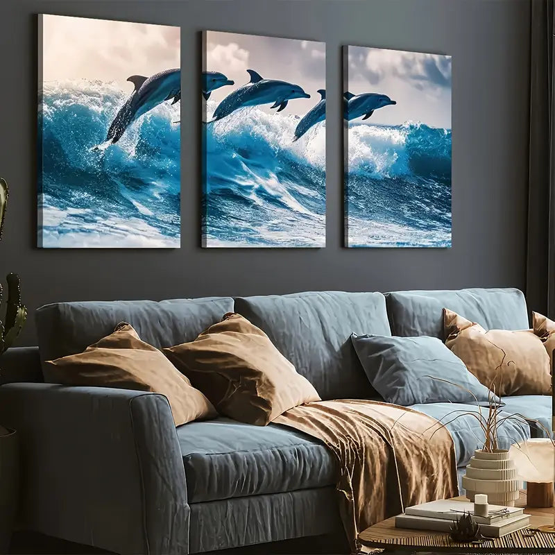 3-Piece Modern Ocean Wave Dolphin Animal Landscape Wall Art Set - Framed Canvas Prints 40x60cm - High Quality Australian Made - Ready to Hang - Perfect for Living Room, Bedroom & Office Decor
