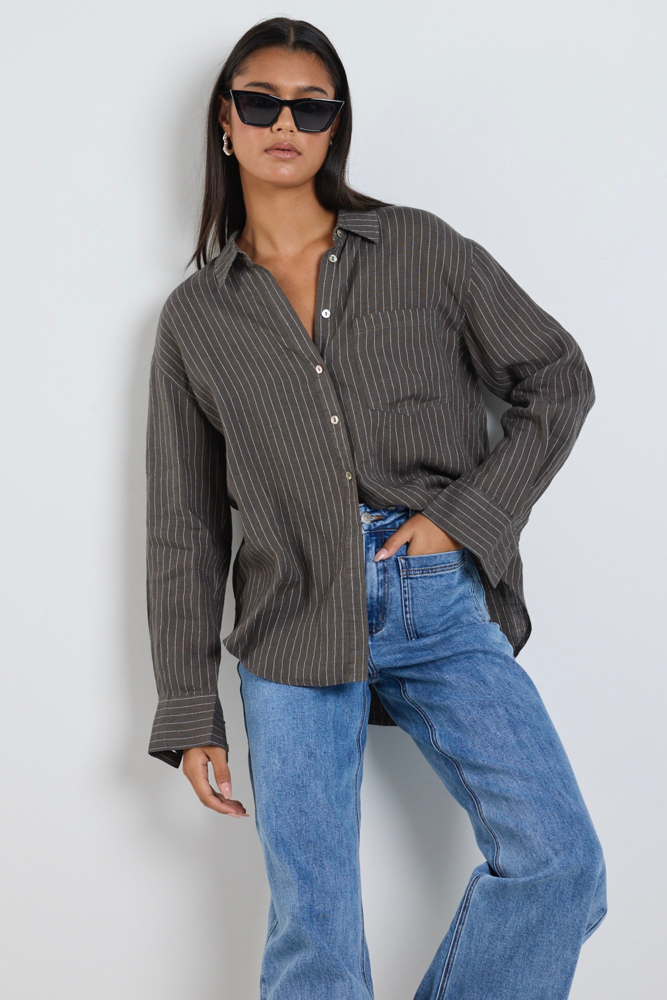 Optimum Khaki Stripe Linen Classic Shirt for Men - Breathable Summer Casual Button Down Shirt for Office, Travel & Outdoor Activities
