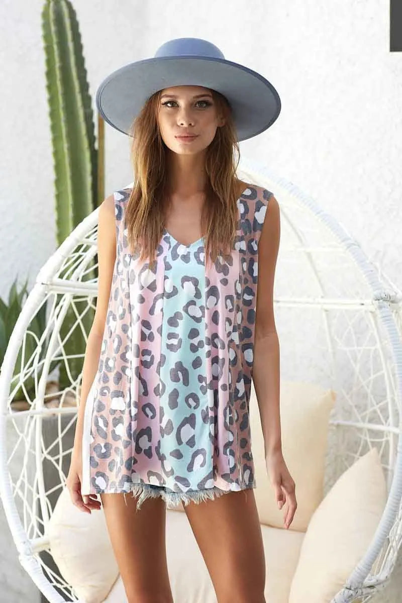 BiBi Leopard Print Jersey Knit Color Block Sleeveless Dress - Perfect for Summer Parties, Beach Vacations & Casual Outings