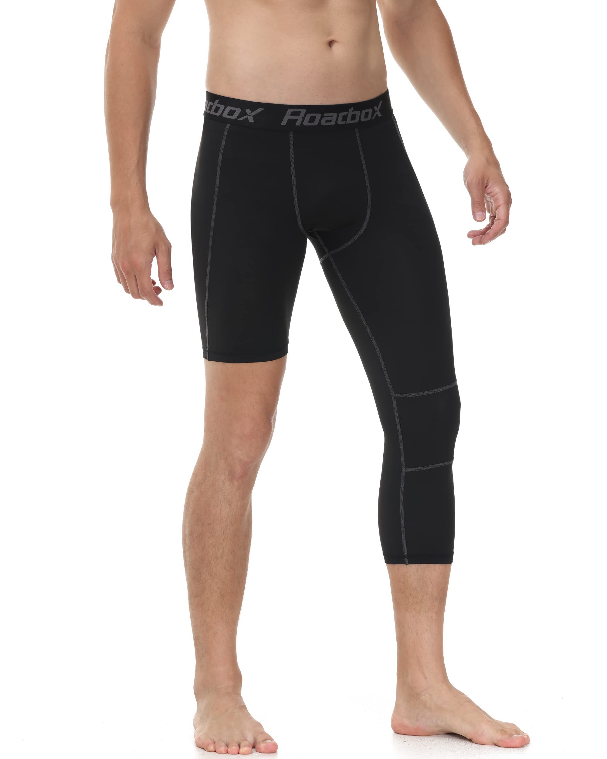 Roadbox Men's One Leg Compression Pants - 3/4 Length Basketball Leggings for Athletic Performance & Sports Base Layer | Ideal for Running, Gym Workouts & Basketball Training