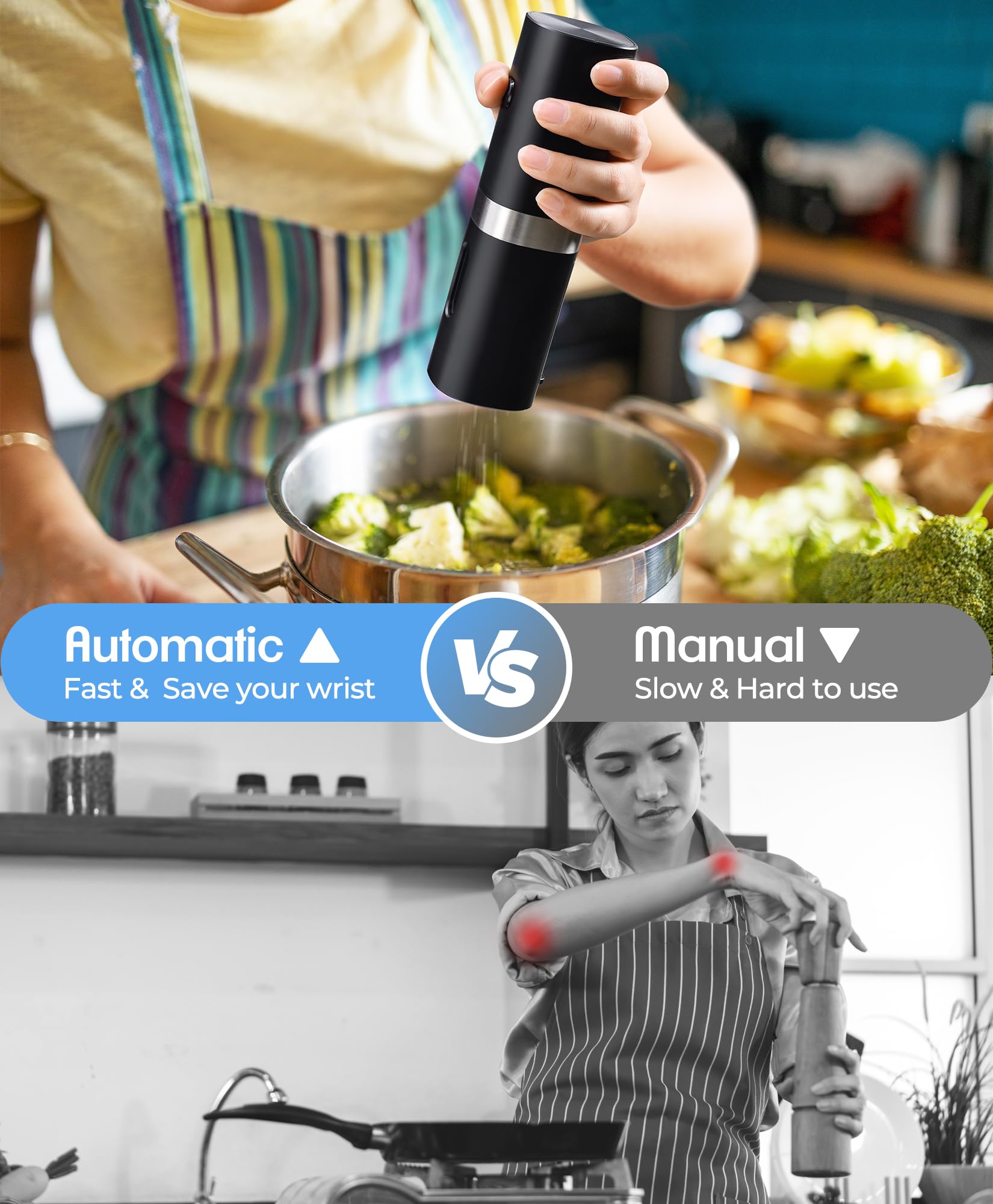 Premium Electric Salt and Pepper Grinder Set - Rechargeable Automatic One-Hand Operation with LED Light & Charging Base - 2 Pack Black Spice Mills for Kitchen, Dining Table, Camping & Gifts