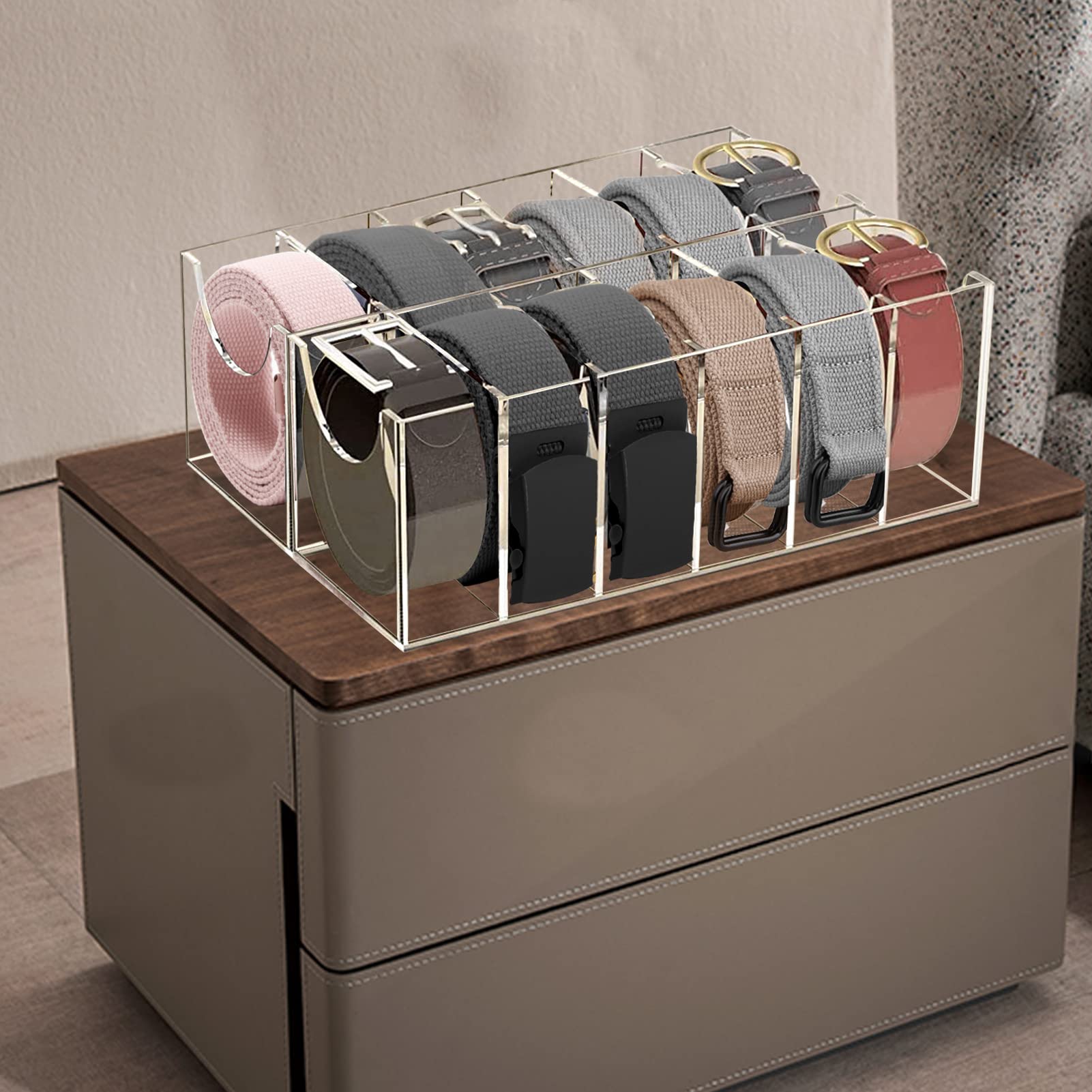 Acrylic Belt Organizer with 12 Compartments - Clear Storage Box for Belts, Ties, Jewelry & Accessories | Perfect for Closet Organization, Retail Display & Travel Storage
