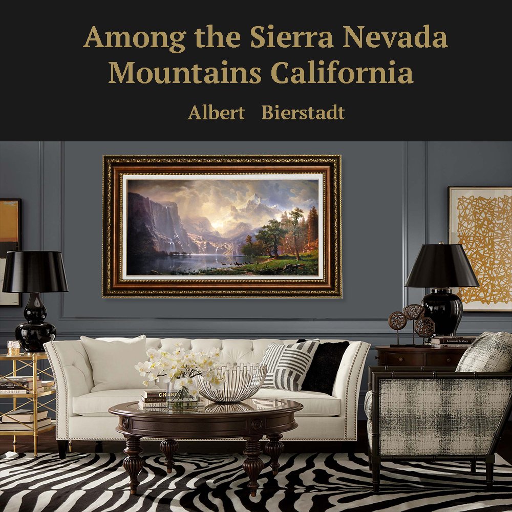 ELITEART Albert Bierstadt 'Among the Sierra Nevada Mountains, California' (1868) Oil Painting Reproduction - Giclee Wall Art Canvas Print, Framed 24x36 Inches - Perfect for Living Room, Office & Home Decor