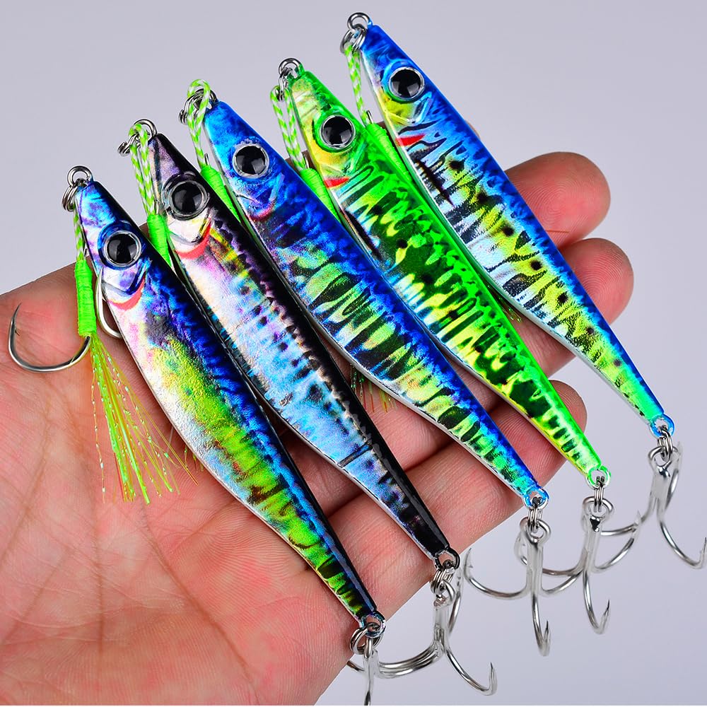 Sunlure Saltwater Fishing Jigs Set - 5pcs Vertical & Slow Pitch Jigging Spoons with Assist Hooks for Bass, Blade Baits & Paillette Artificial Lures - Perfect for Deep Sea, Offshore & Freshwater Fishing Adventures