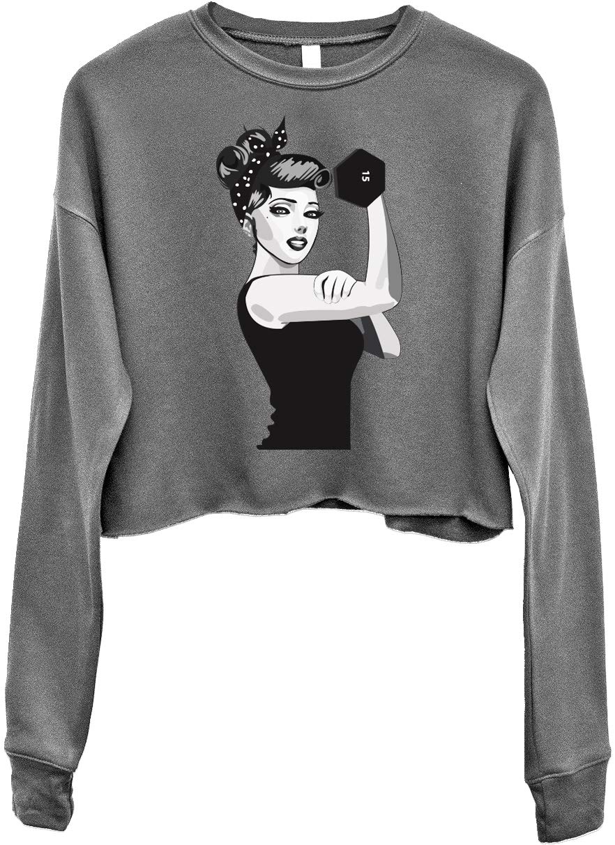 NoBull Women's Modern Rosie The Riveter Cropped Sweater - Heather Gray | Vintage Inspired Workout Top for Gym, Running & Casual Wear