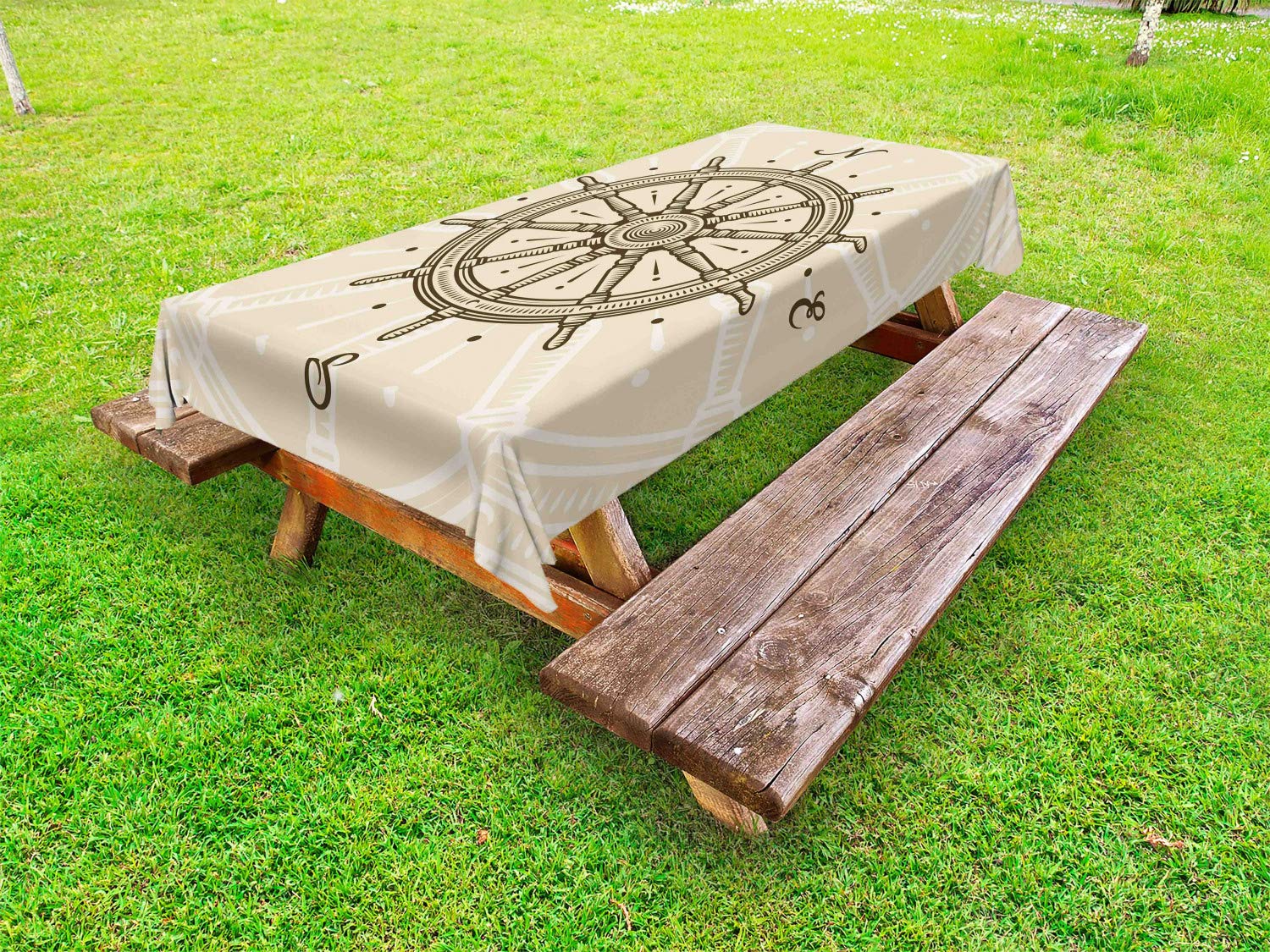 Ambesonne Vintage Nautical Tablecloth - Retro Ship Wheel Design, Washable & Durable Picnic Table Cover, 58
