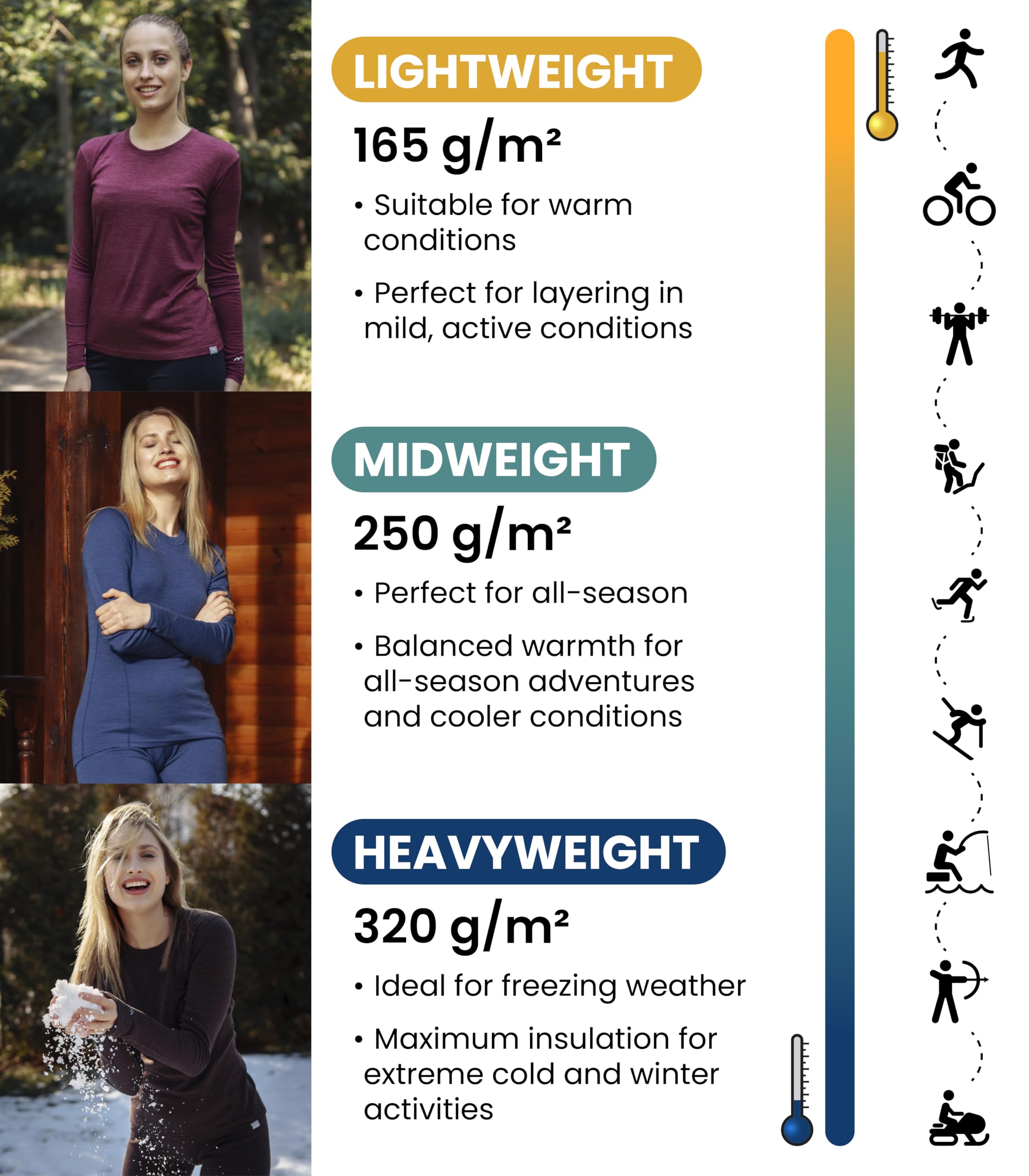 100% Merino Wool Base Layer for Women - Half Zip Sweater, Thermal Shirts & Socks (Lightweight, Midweight, Heavyweight) - Perfect for Hiking, Skiing & Winter Outdoor Activities
