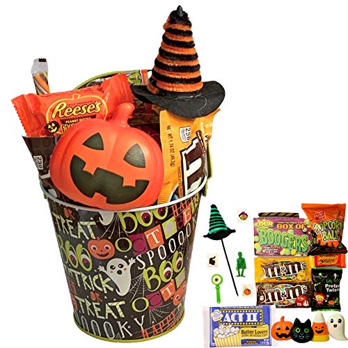 Halloween Movie Night Popcorn Gift Set - Spooky Snack Box with Sweet, Sour & Chocolate Candy Pretzels - Ultimate Care Package in Pumpkin Boo Bucket - Perfect for Halloween Parties, Movie Nights & Trick-or-Treat Gifts