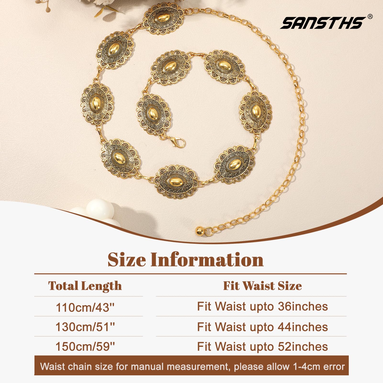 SANSTHS Women's Western Style Metal Chain Belt - Cowgirl Waist Belt with Concho Details for Dresses & Jeans | Gold Hip Belt Accessory for Country Music Festivals, Rodeo Events and Western Fashion Outfits
