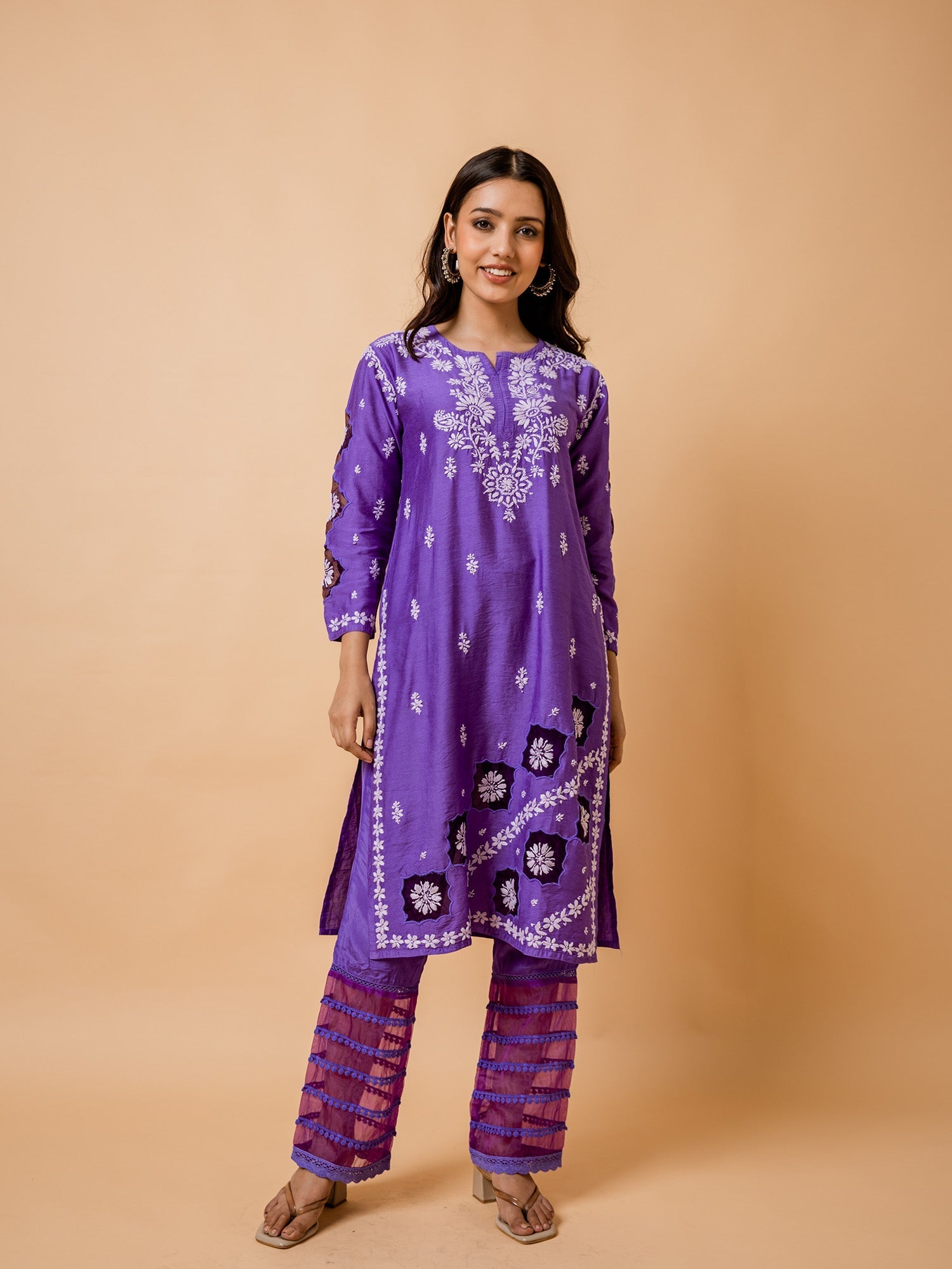 Elegant Purple Chikankari Chanderi Silk Kurta by Fizaa - Traditional Indian Embroidered Tunic for Women - Perfect for Festivals, Weddings & Special Occasions