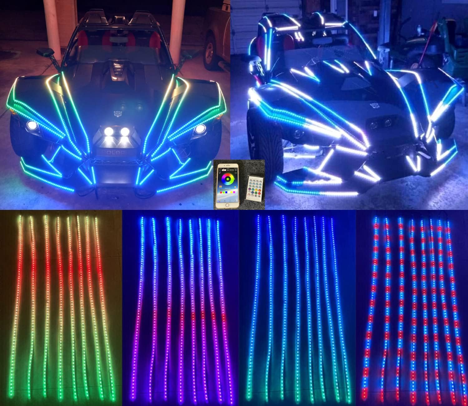 8PCS 6.5FT RGB LED Strip Lights with Bluetooth & Remote - Dream Color Chasing, Strobe, Flash, Breath Effects for Polaris Slingshot, Golf Cart, Ryker, Spyder Underglow & Hood Lighting - Perfect for Car Shows, Night Rides & Custom Vehicle Lighting