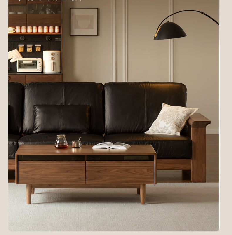 Black Walnut Solid Wood Modern Straight Sofa - Contemporary Minimalist Living Room Furniture for Small Spaces & Apartments