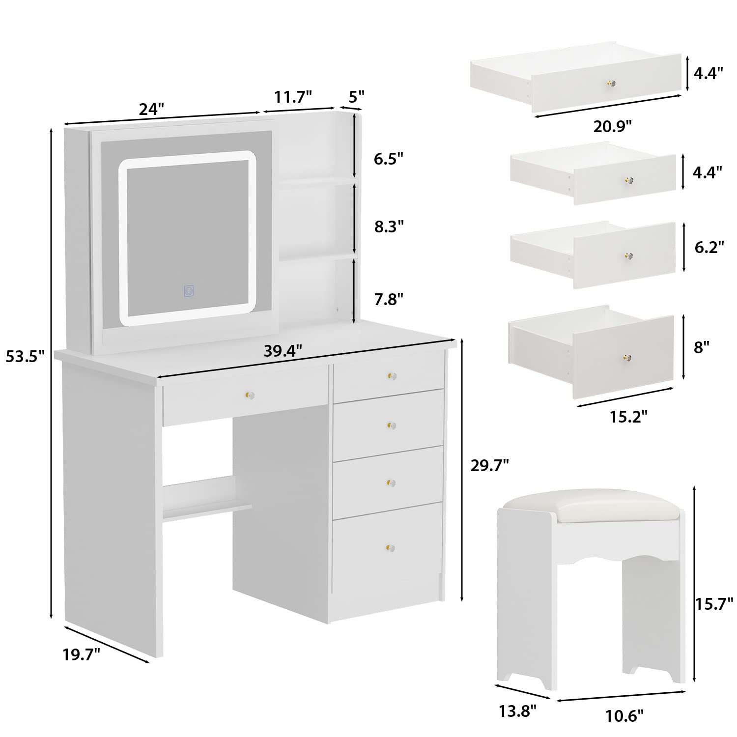 Large Vanity Table Set with Mirror & Stool - 5 Drawers, Shelves, White Sliding Lighted Makeup Dressing Desk for Bedroom, Beauty Salon | Perfect for Makeup Application, Hair Styling & Home Decor