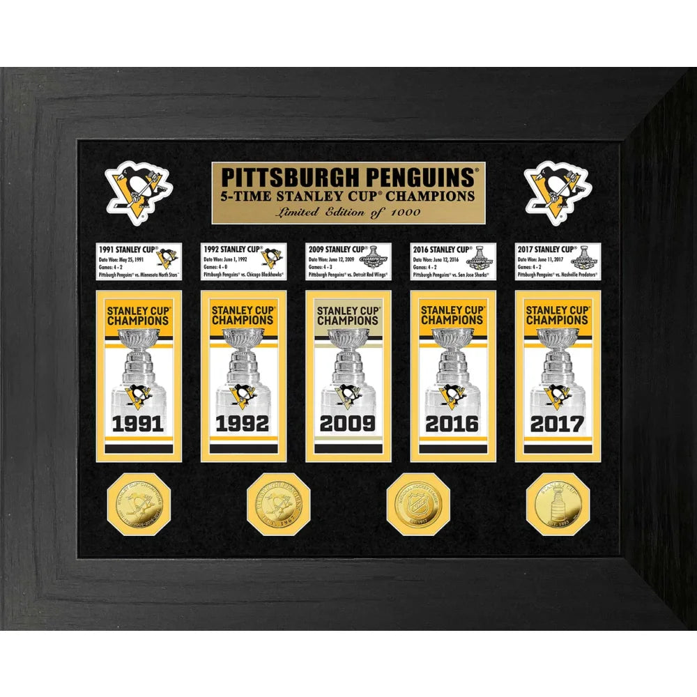 Pittsburgh Penguins Stanley Cup Champions Banner & Gold Coin Framed Collage - Perfect for Hockey Fans, Man Cave Decor, and Sports Memorabilia Collectors
