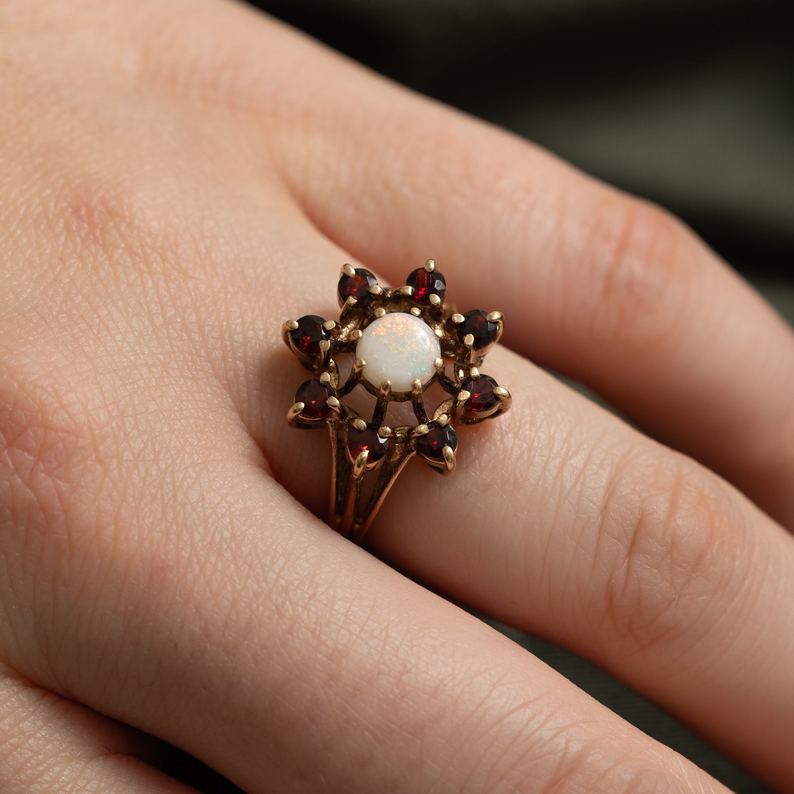 Opal & Garnet Cocktail Ring - 1.12 Carat Total Weight (CTW) - Size 5.25 - Elegant Statement Jewelry for Evening Parties, Weddings & Special Occasions