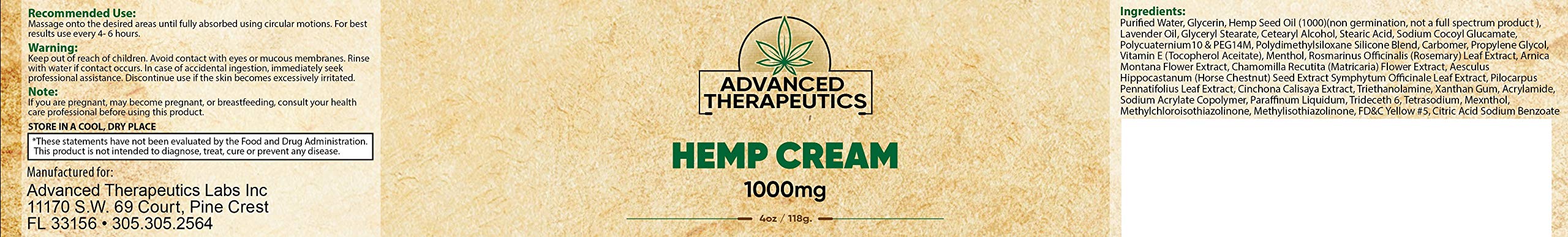 Premium Hemp Cream 1000mg with Arnica - 4oz Muscle & Joint Relief for Stiff Neck, Back, Knees - 24-Hour Pain Relief - Natural Therapy for Athletes, Office Workers & Seniors