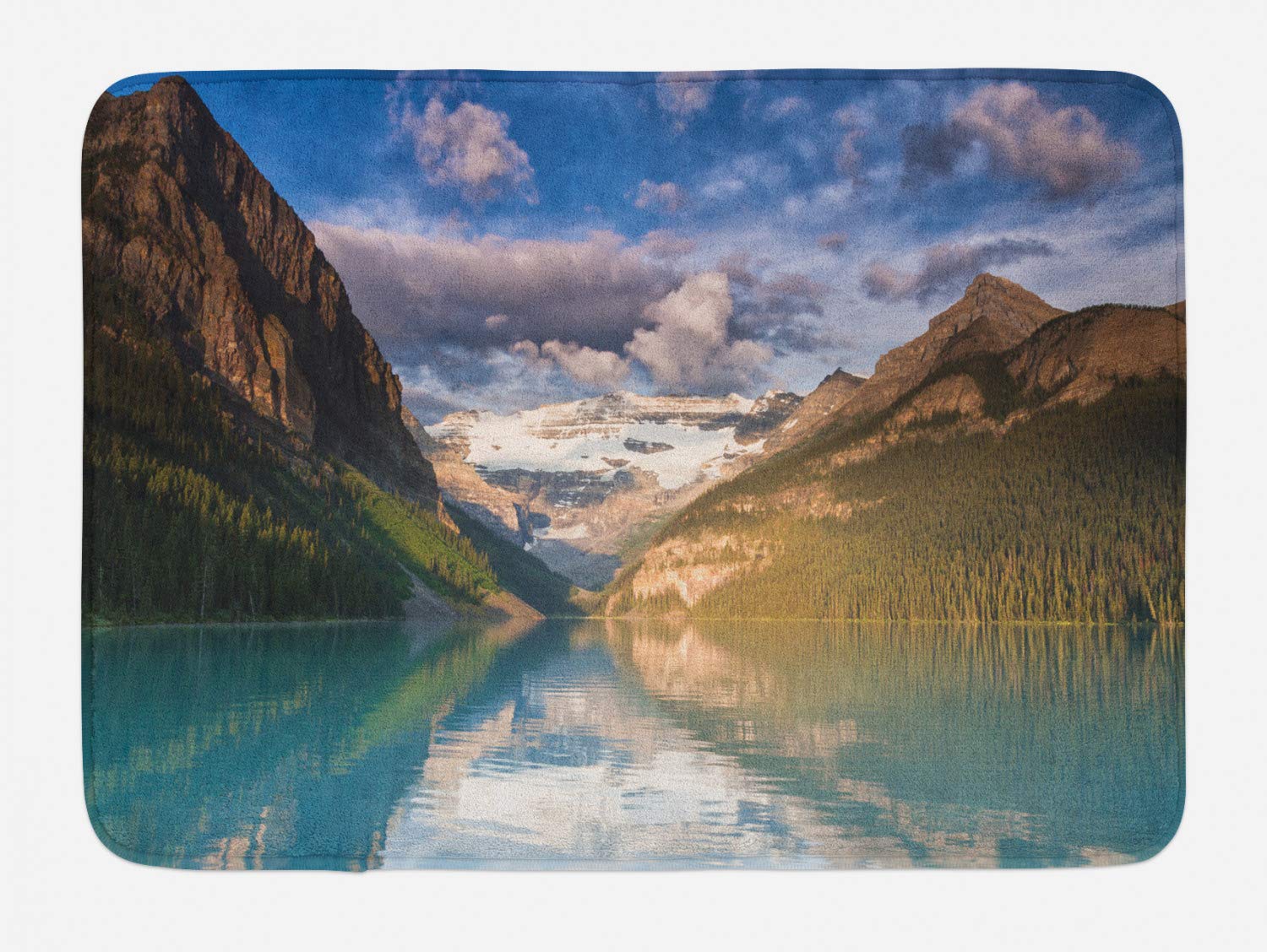 Ambesonne Plush Non-Slip Bath Mat - Dark Forest Landscape with Lake Louise Morning Scene, 29.5