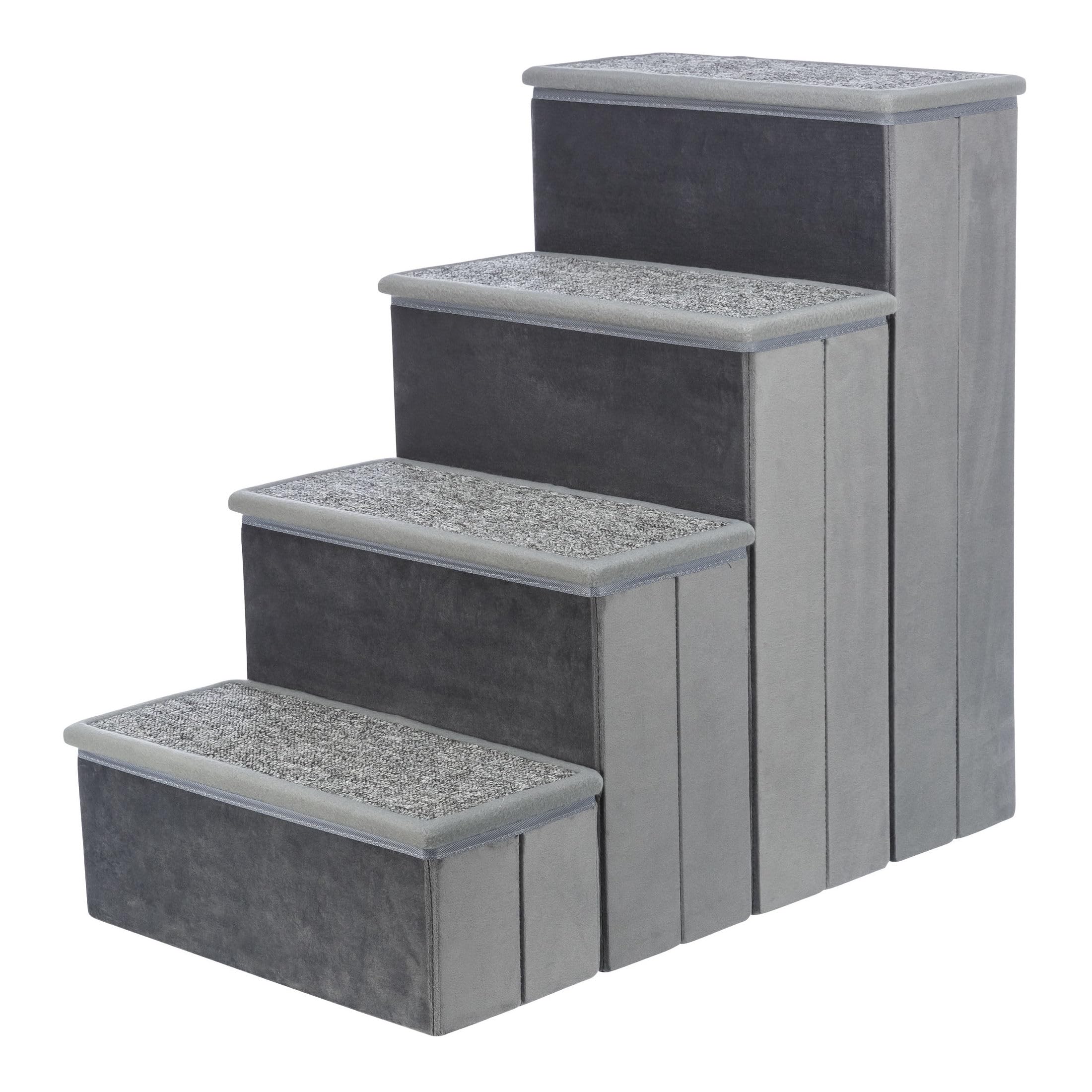 TRIXIE Velour Dog Stairs with Non-Slip Tread Steps - 4-Step Foldable Pet Stairs for Beds & Couches - Gray Pet Ramp with Storage Space - Perfect for Small & Medium Dogs to Reach Furniture Safely