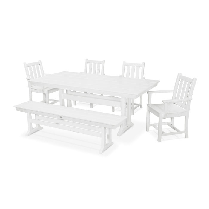 POLYWOOD Traditional Garden Arm Chair 6-Piece Farmhouse Dining Set with Trestle Legs & Bench - Outdoor Patio Furniture for Backyard, Porch, and Garden Dining