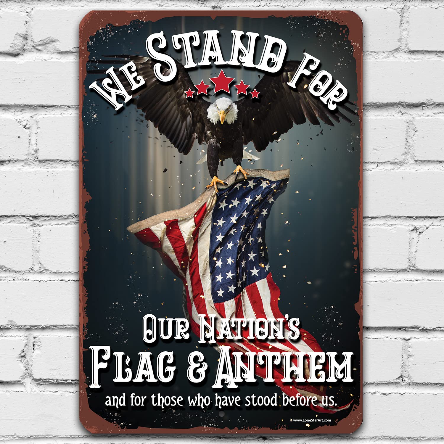 Patriotic Metal Sign - We Stand For Our Nation's Flag - Indoor/Outdoor Rustproof Wall Decor - Perfect US Marine Corps Gift for Military, Veterans & Patriotic Home Decor Under $20 (8x12 Inches) - Ideal for Living Room, Office, Garage & Front Porch