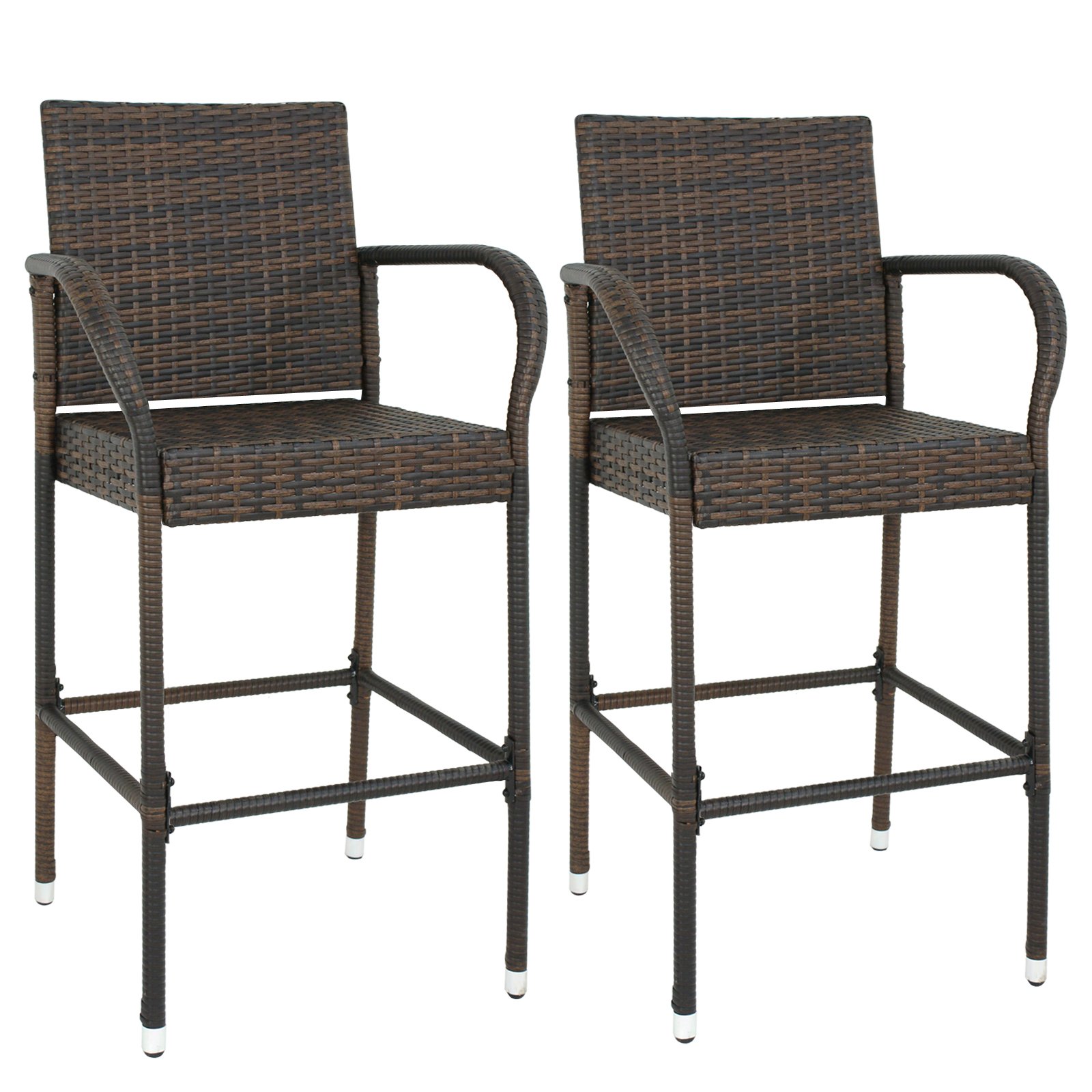 HomGarden Set of 2 Rattan Wicker Bar Stools - Outdoor Backyard Barstool Chairs with Armrests - Patio Furniture for Poolside, Garden, and Deck Use