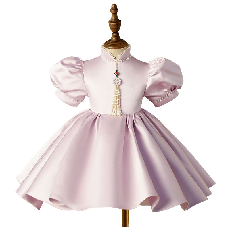 Elegant Baby Girls Lilac Puff Sleeve Pearl Stand Collar Princess Dress - Toddler Flower Girl Party Dress for Birthday, Wedding & Special Occasions